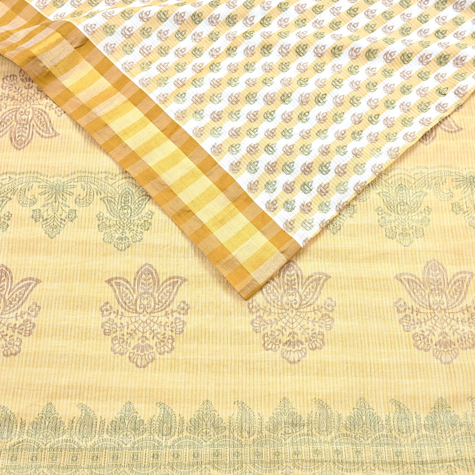 Indian Vintage Sari White & Beige Printed Pure Cotton Sarees Craft Fabric 5YD