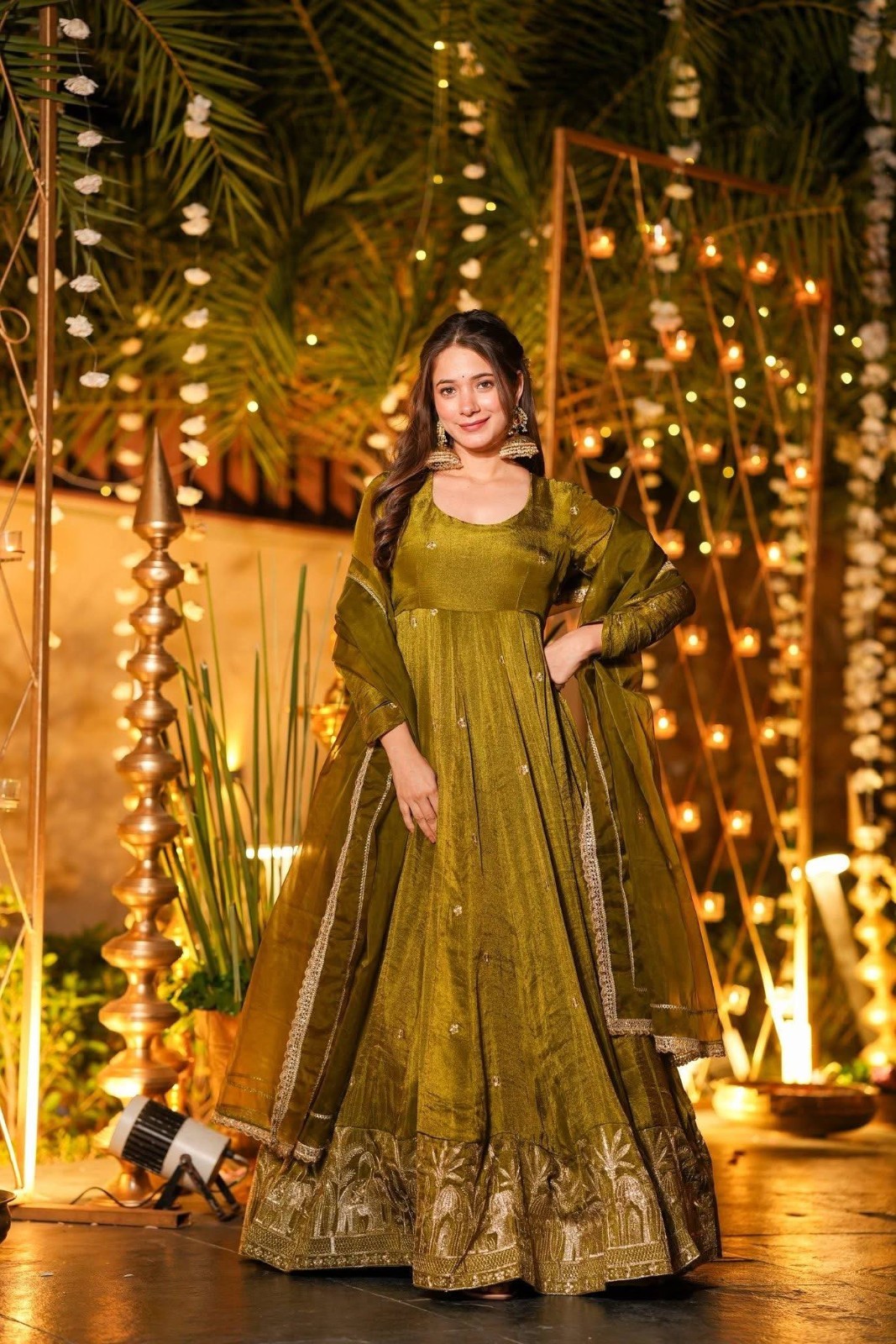 Stunning Look Crunchy Silk Green Gown Bottom With Dupatta For Function Wear