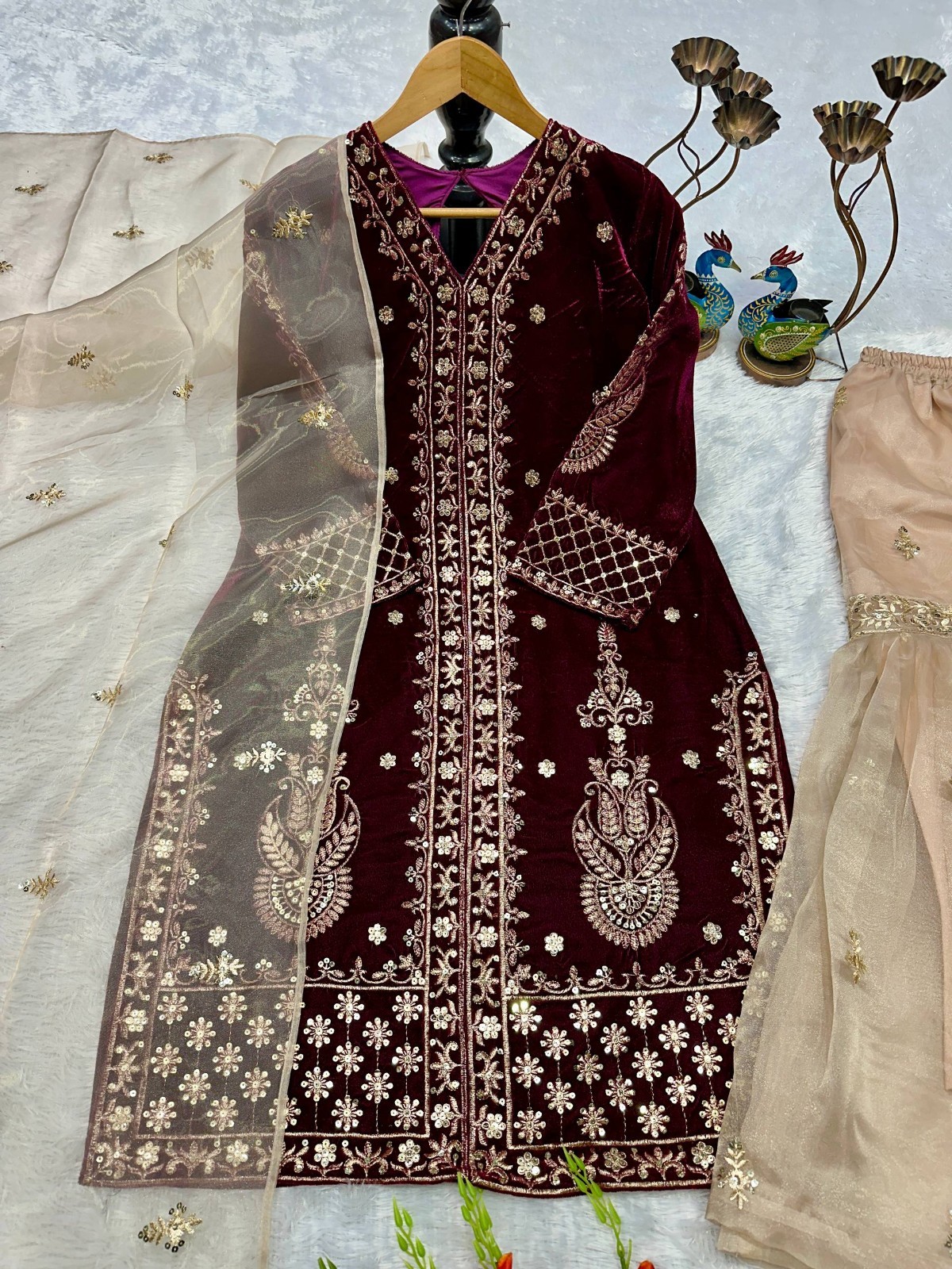 Stunning Heavy Viscose Velvet Wine Top Palazzo And Dupatta For Function Wear