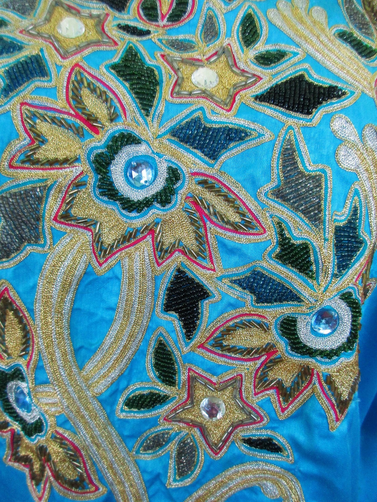 Vintage Caftan Robe Turquoise Blue Metallic Gold Silver Glam Kaftan L XL Maxi