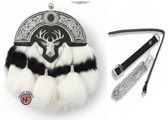 Scottish Full Drees Rabbit Fur Sporran Stag Cantle Kilt Accessory with Shoes
