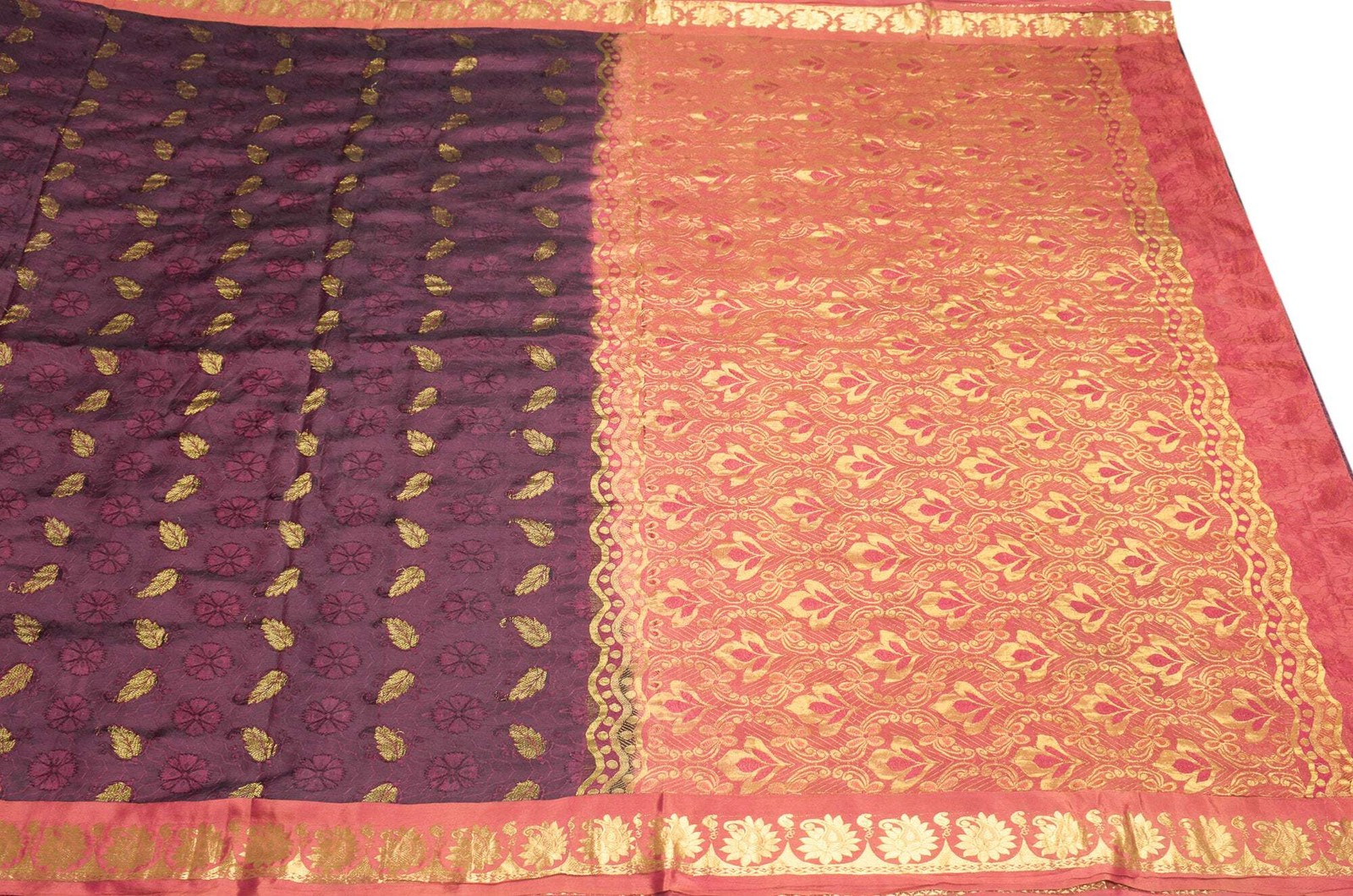 Sushila Vintage Pure Kanjivaram Silk Saree Woven Gold Zari Wine Sari Fabric