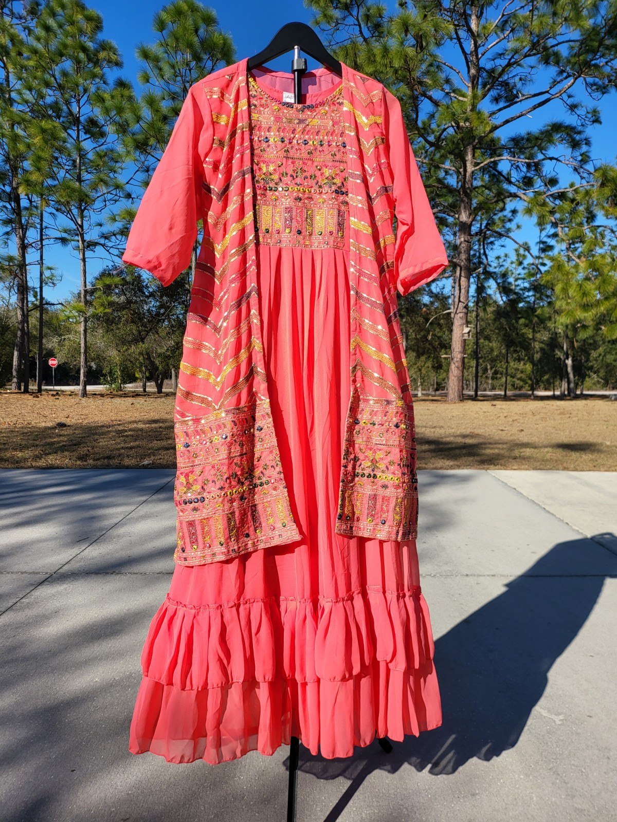 Beautiful Emroidered Sharifa Anarkali Dress W/Ruffled Hem Made In India Size XL