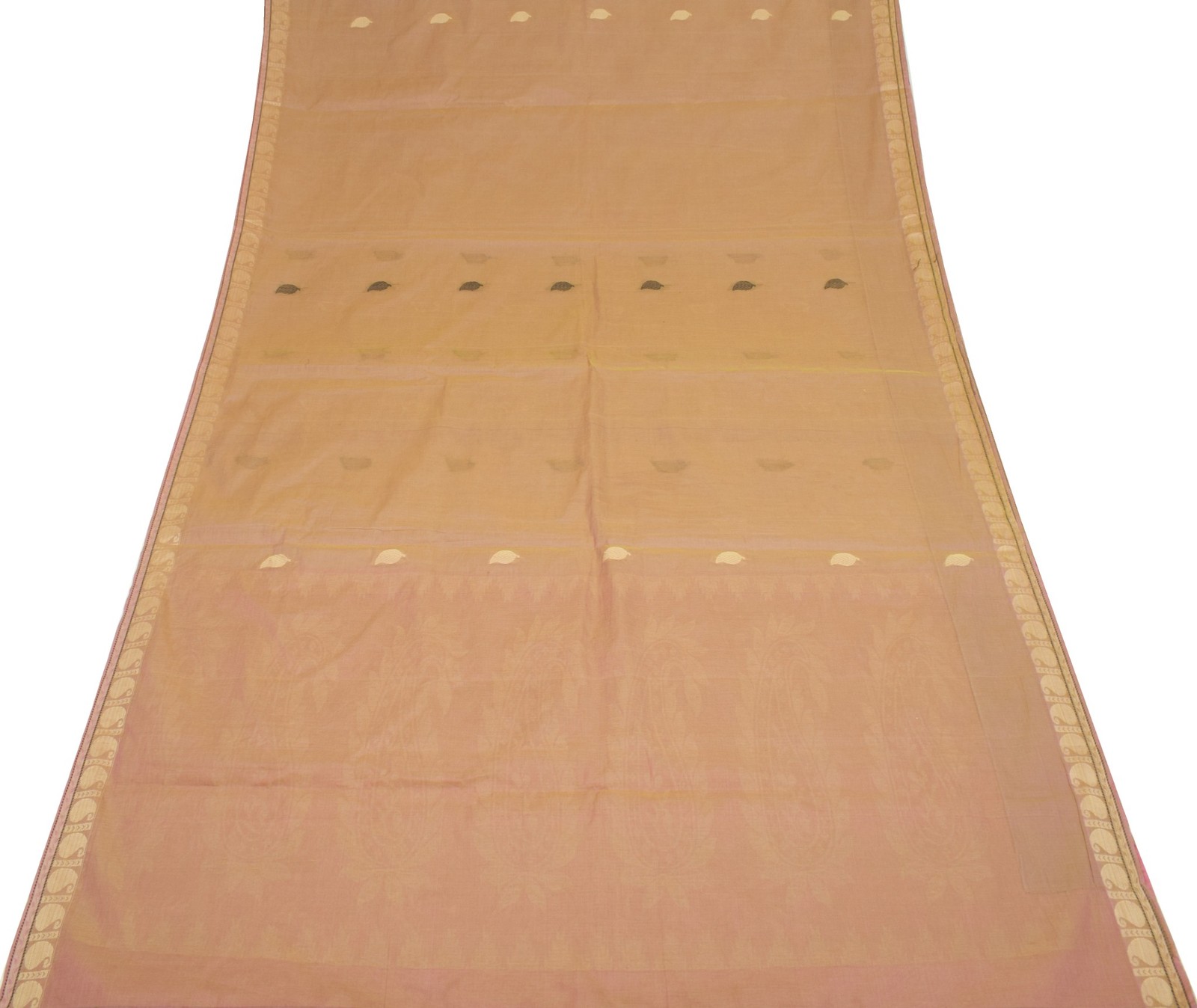 Sushila Vintage Green Pink Dual Toned Saree Pure Cotton Woven Leaves Sari Fabric