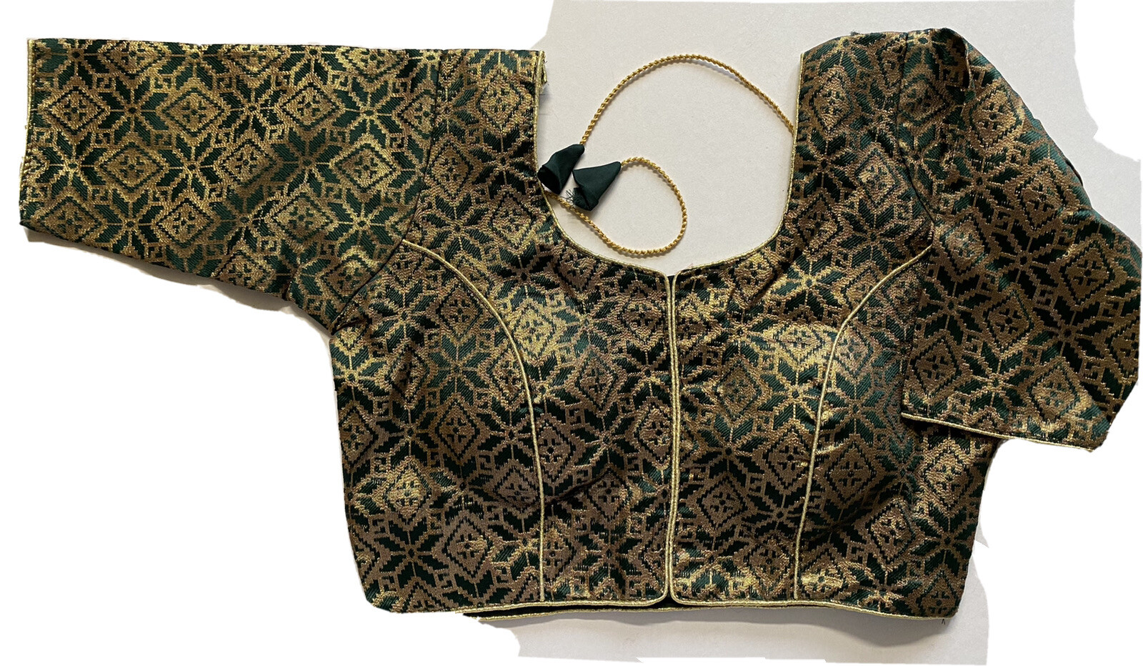 NEW Readymade Designer Sari Blouse green GOLDEN BROCADE SLEEVES DORI 36″-USA