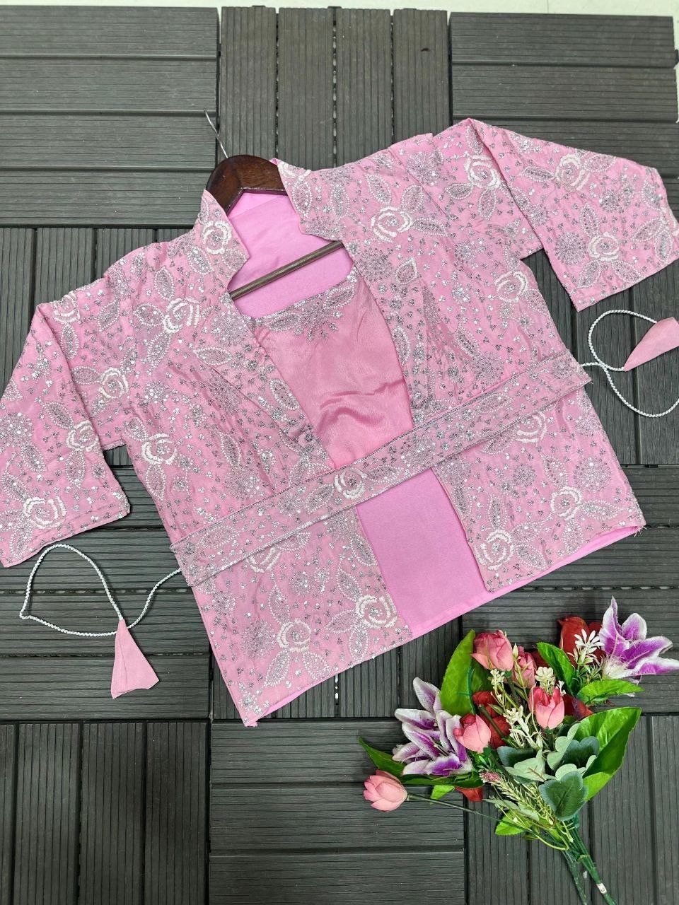 Fancy Designer Chinnon Solid Pre-Draped Saree Stitch Blouse Jacket Belt Set Sari