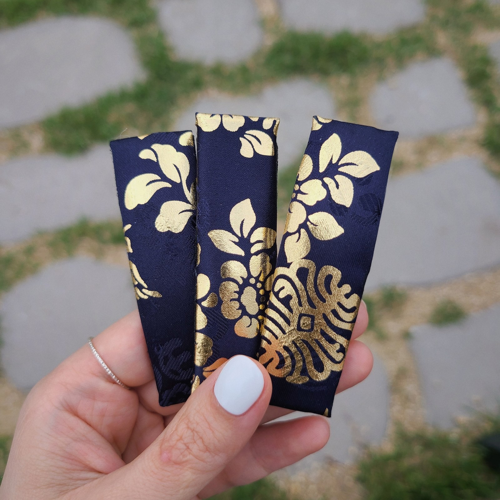 Korean Hanbok Hair Pin, Navy & Gold Floral Foil Print Fabric Hairpin