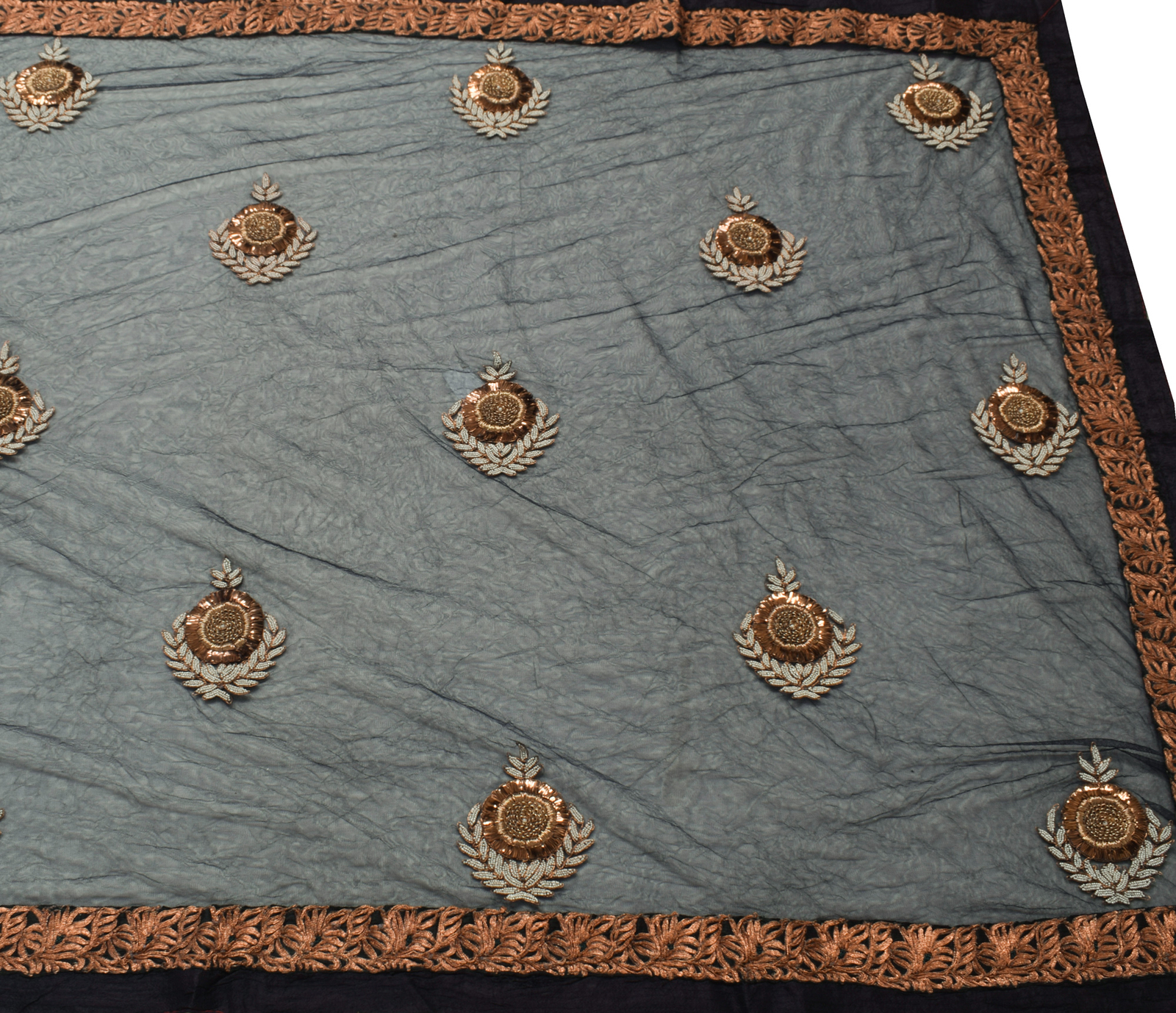 Sushila Vintage Black Net Mesh Indian Saree Hand Beaded Floral Sari Craft Fabric