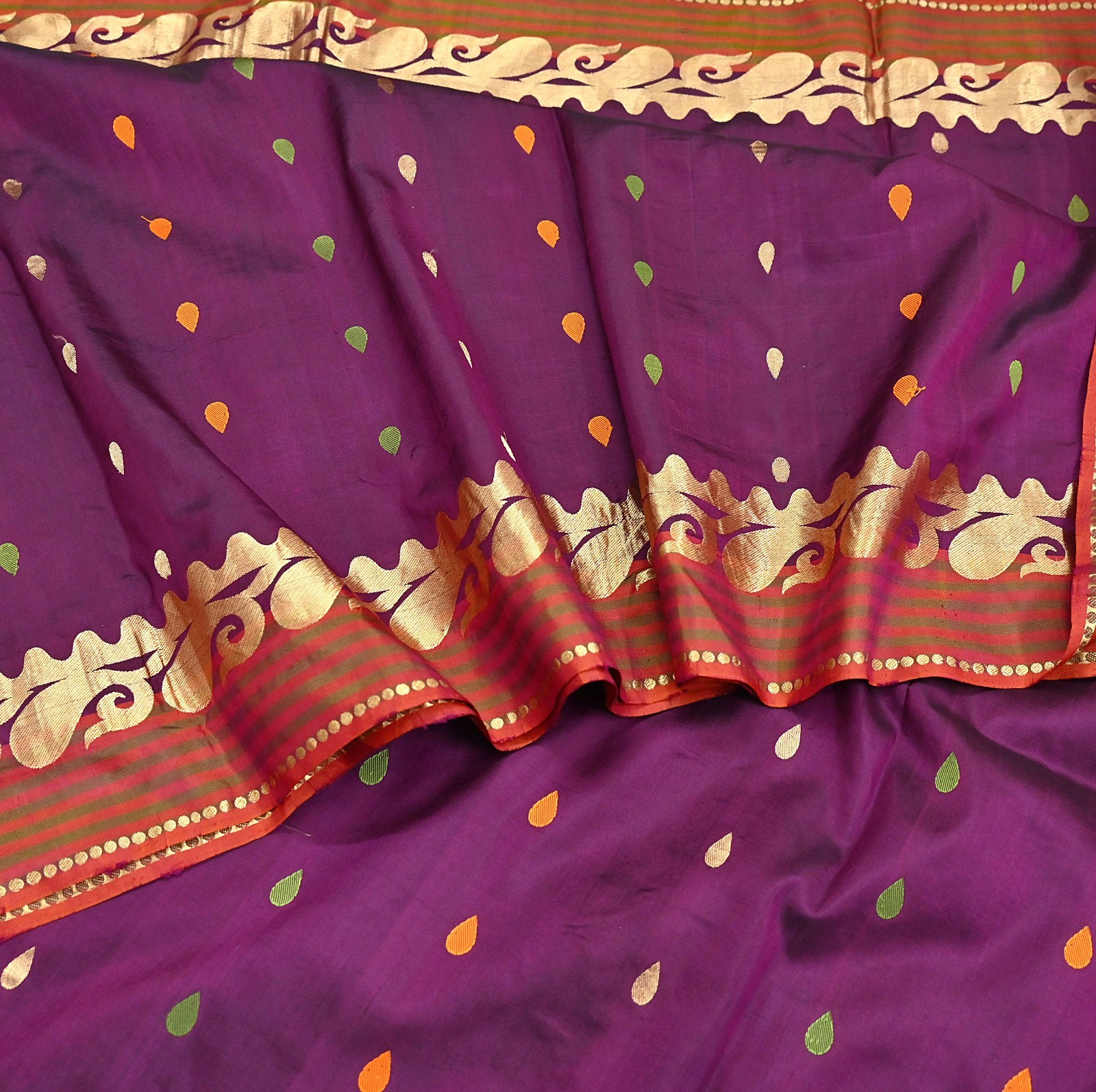 Indian Vintage Heavy Sari Purple & Orange Hand Woven Sarees 100% Pure Silk Zari