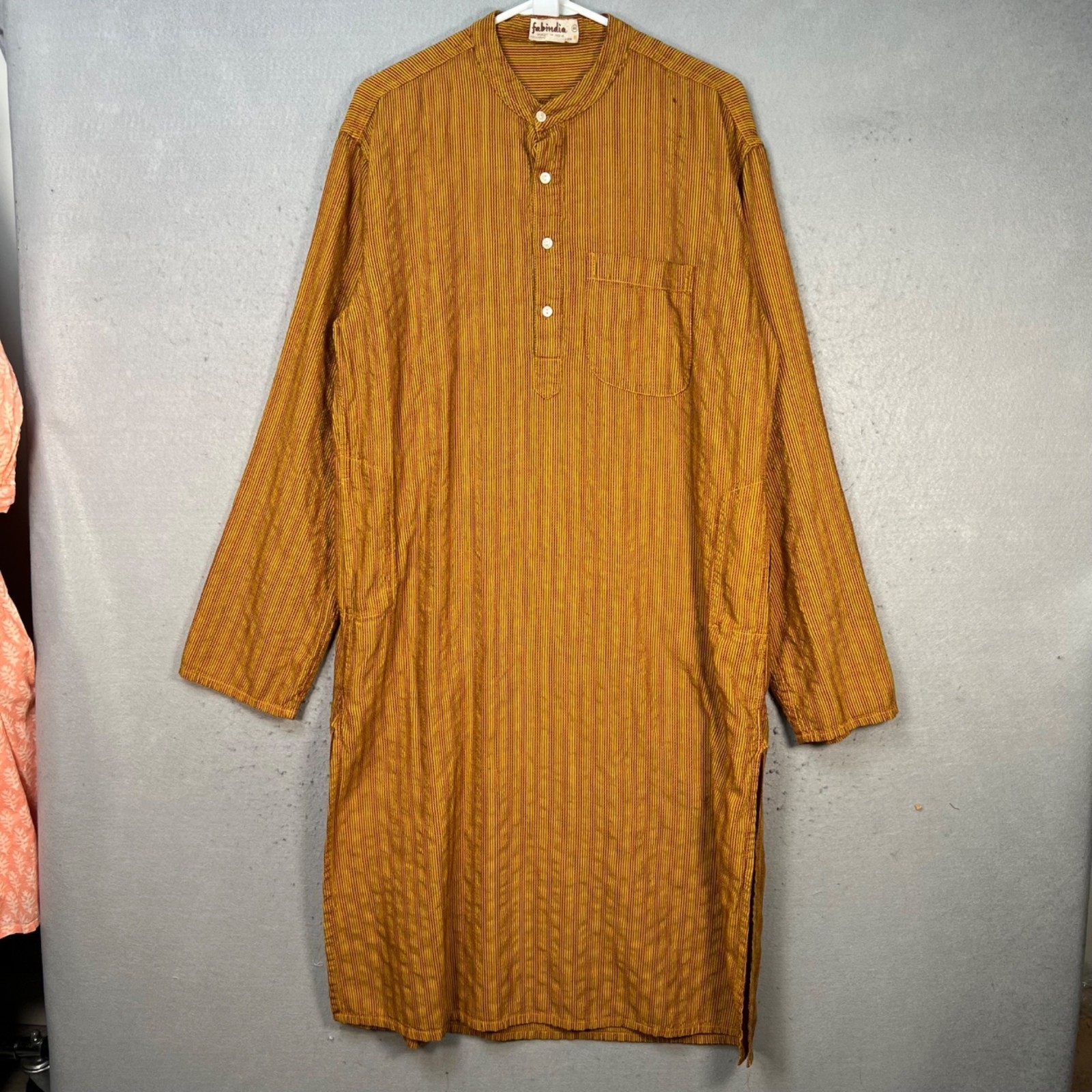 Fabindia Mens Size 44 Long Kurta Yellow Brown Striped Cotton