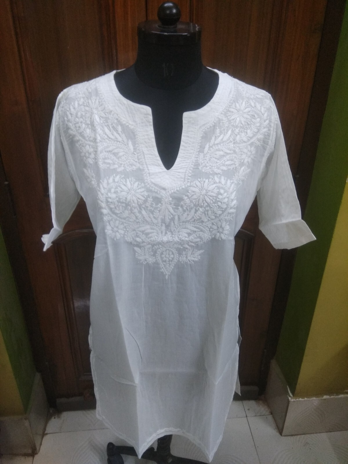 PLEASANT DRESS SHIRT L 42 HANDMADE KURTI CHIKAN EMBROIDERY 100% COTTON TOP KURTA