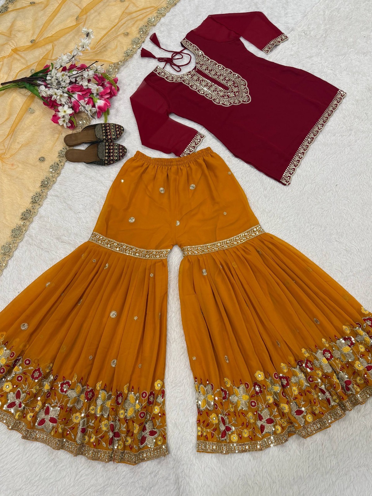 Heavy Faux Georgette Maroon Top Palazzo With Dupatta For Functional Wear