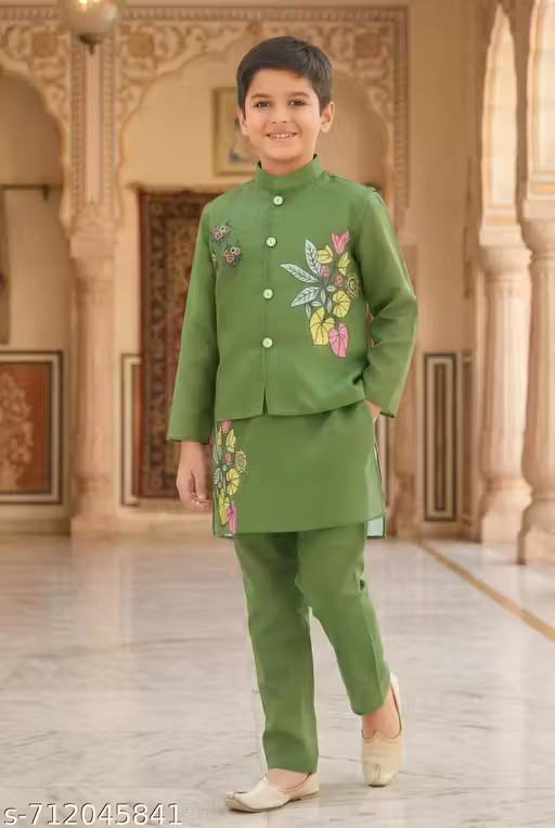 Boys Three-Piece Ethnic Suit: Green Kurta Pajama with Floral Waistcoat