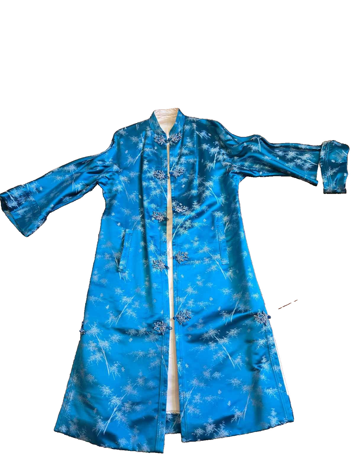 Silk Brocade Reversible Jacket Teal Blue Bamboo Frog Toggle