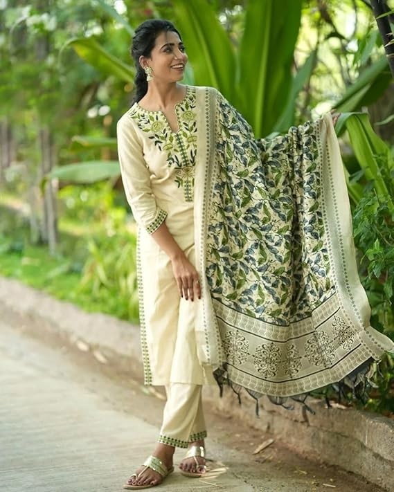 Women Beige Plus Size Embroidered Indian Rayon Long Kurta Top Trousers & Dupatta