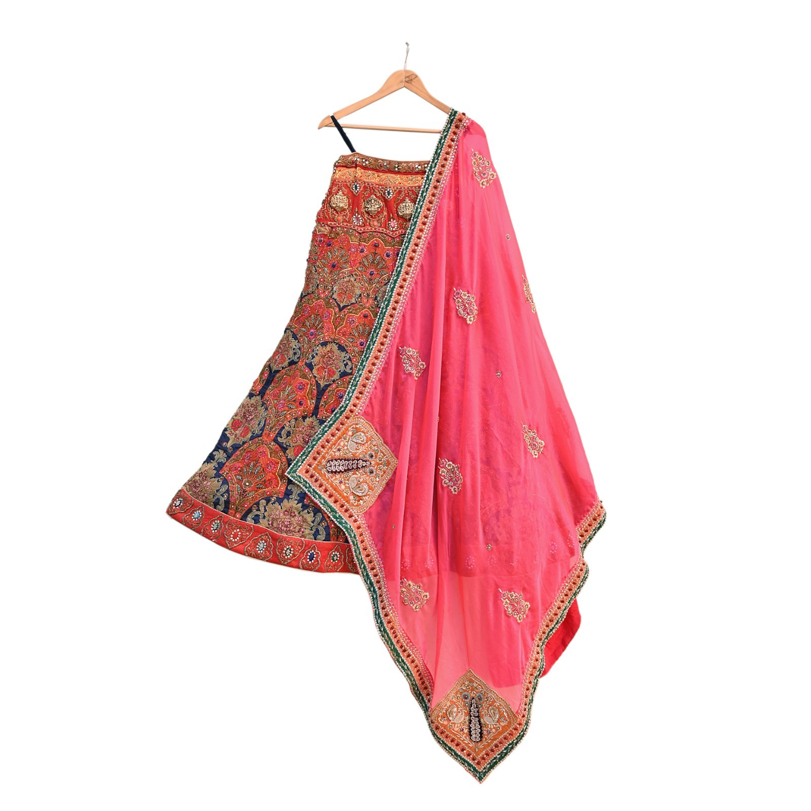 Indian Heavy Wedding Blue & Red Raw Organza silk Hand Embroidered Lehenga Set