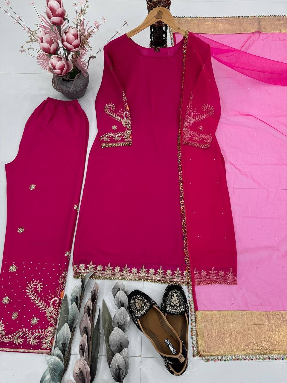 Beautiful Pink Heavy Faux Georgette Salwar Kameez With Dupatta For Party Wear