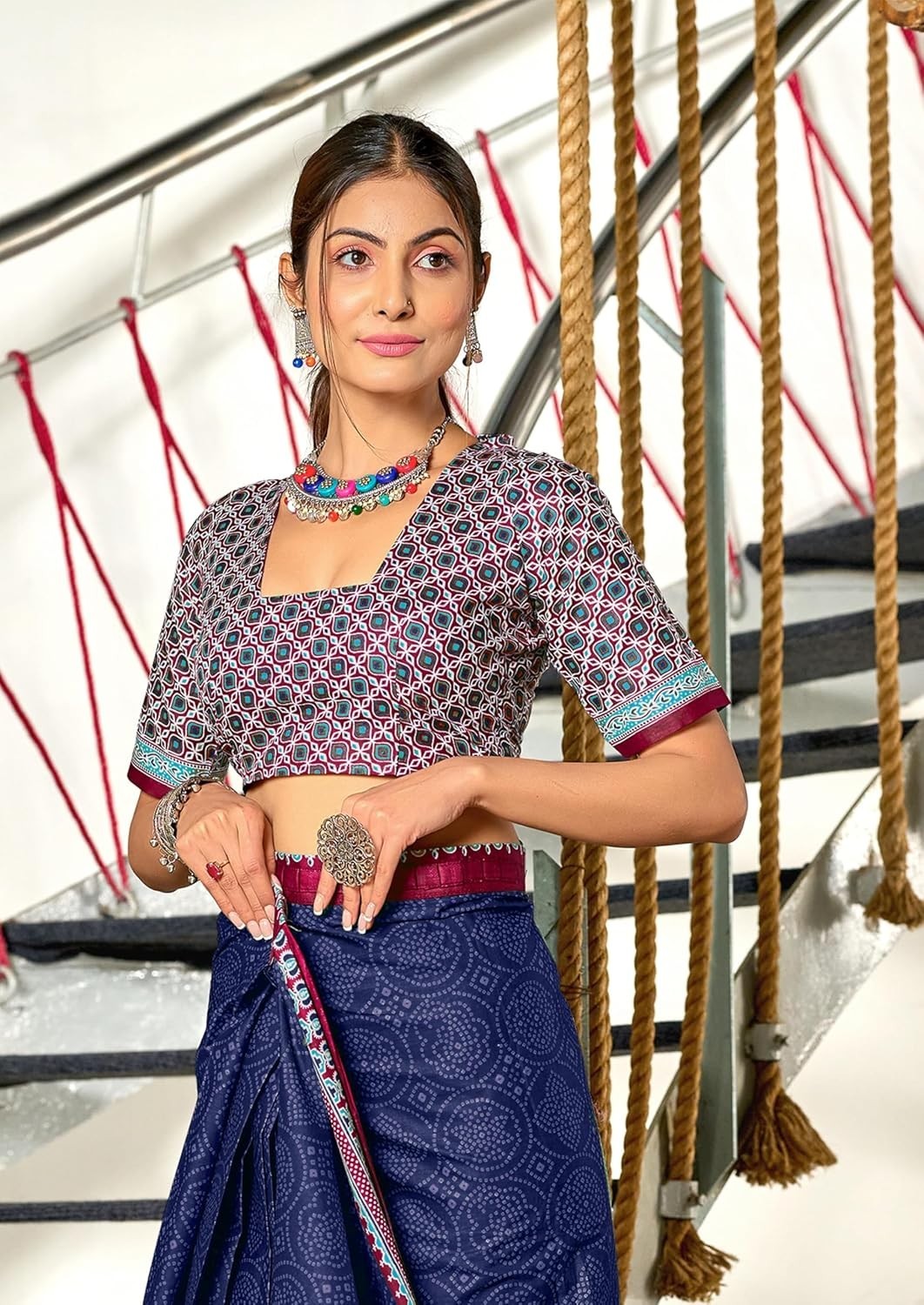 Women’s Mulmul Cotton Block Print Ready to Wear One minute Saree With Blouse