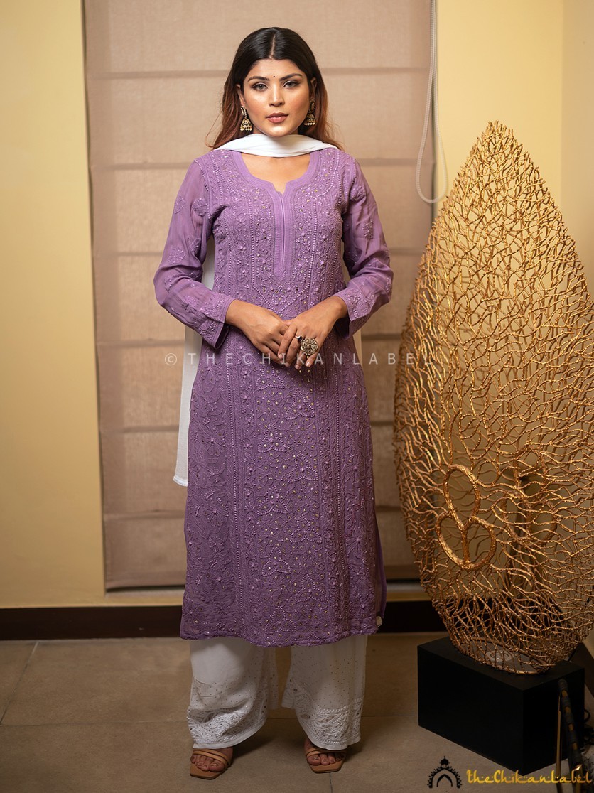 Women’s Purple Chikankari Long Kurti Embroidered Ethnic Indian Wear Kurta Top