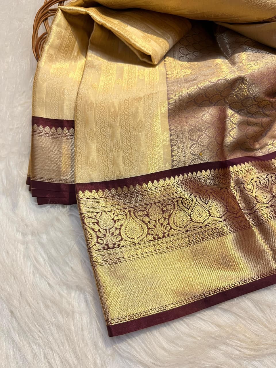 Traditional Banarasi Katan Silk Brocade Saree with Beautiful Contrast Big Border