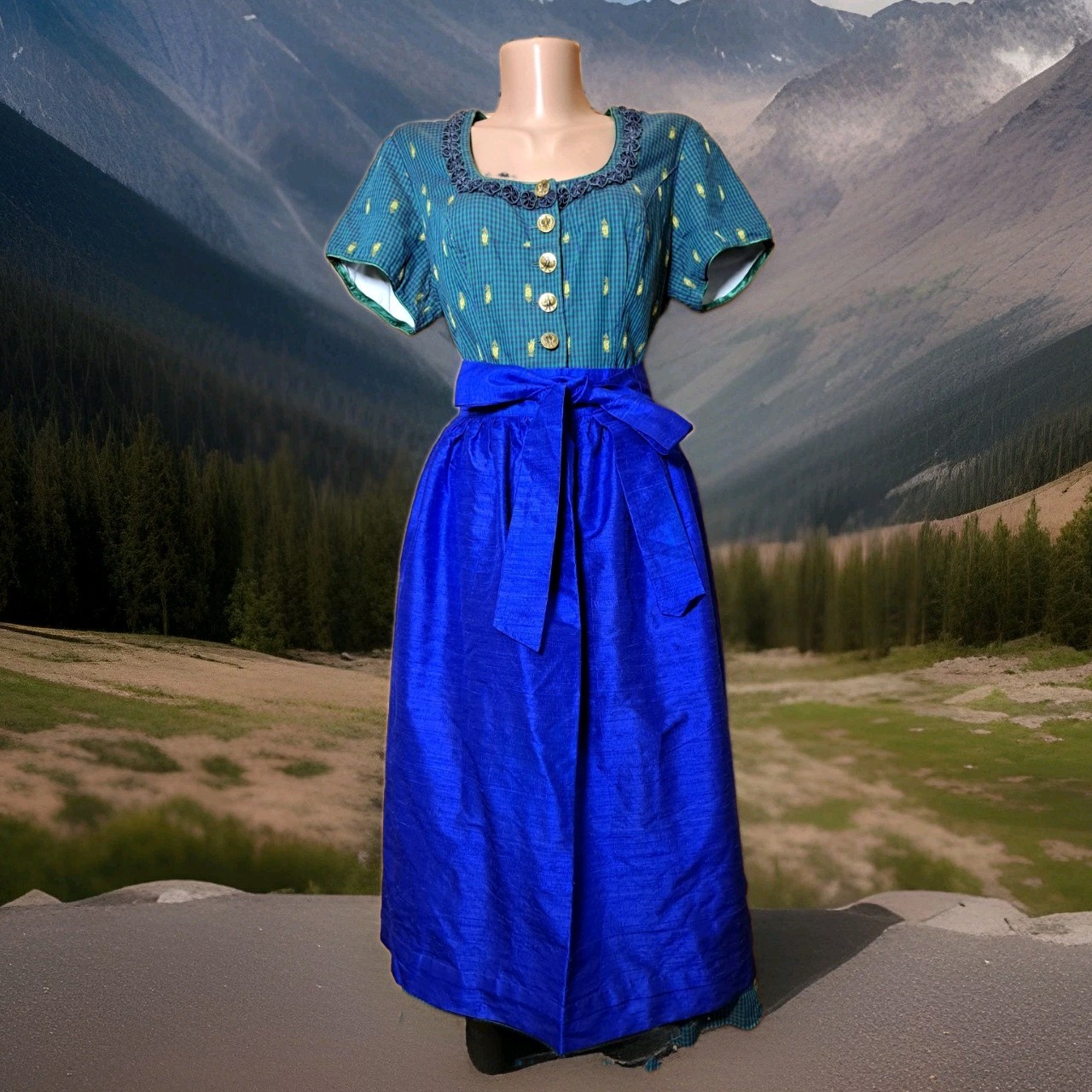 Vintage Austrian Dirndl Dress Atelier Made Brass Eagle Buttons Silk Apron EU42