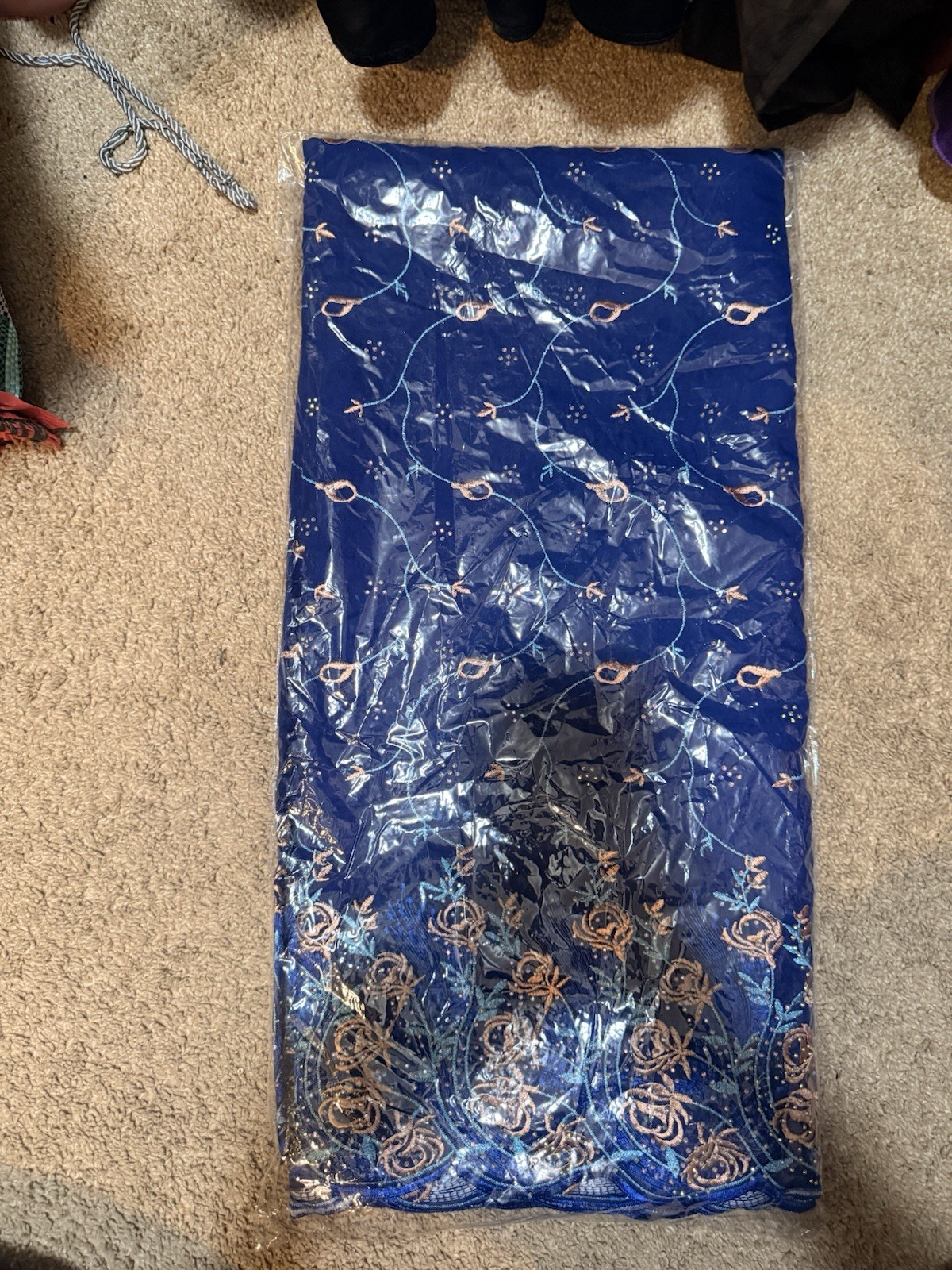 Royal Blue Embroidered Lace Fabric with Gold Design 5 Yards Lace Material