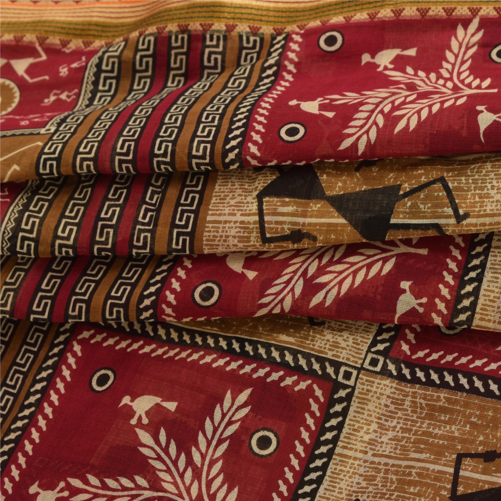 Sanskriti Vintage Sarees Red Warli Art Pure Cotton Human Print Sari 5+Yd Fabric