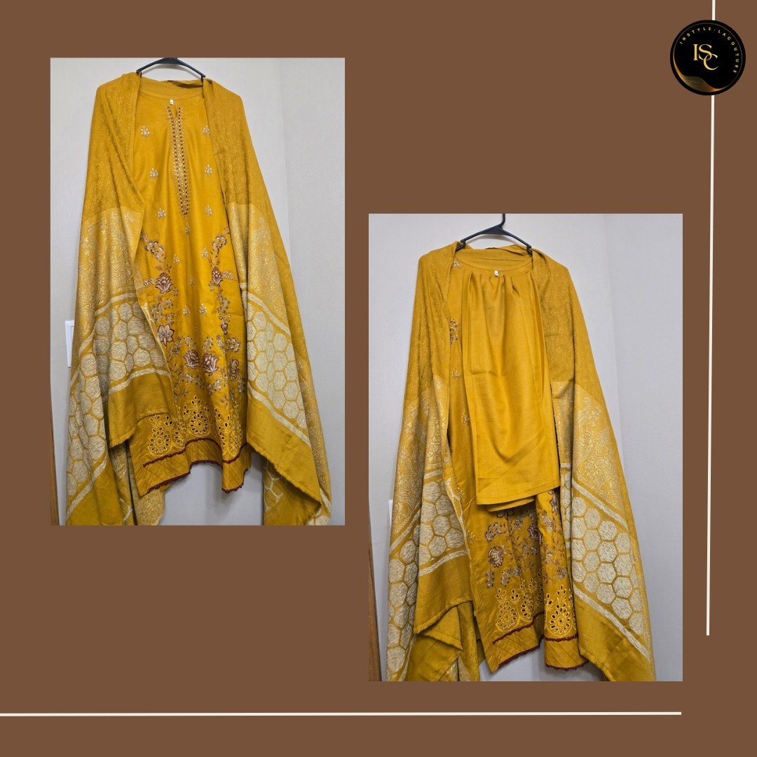 Indian Pakistani Mustard Yellow 3-piece Embroidered Pashmina Suit Size M