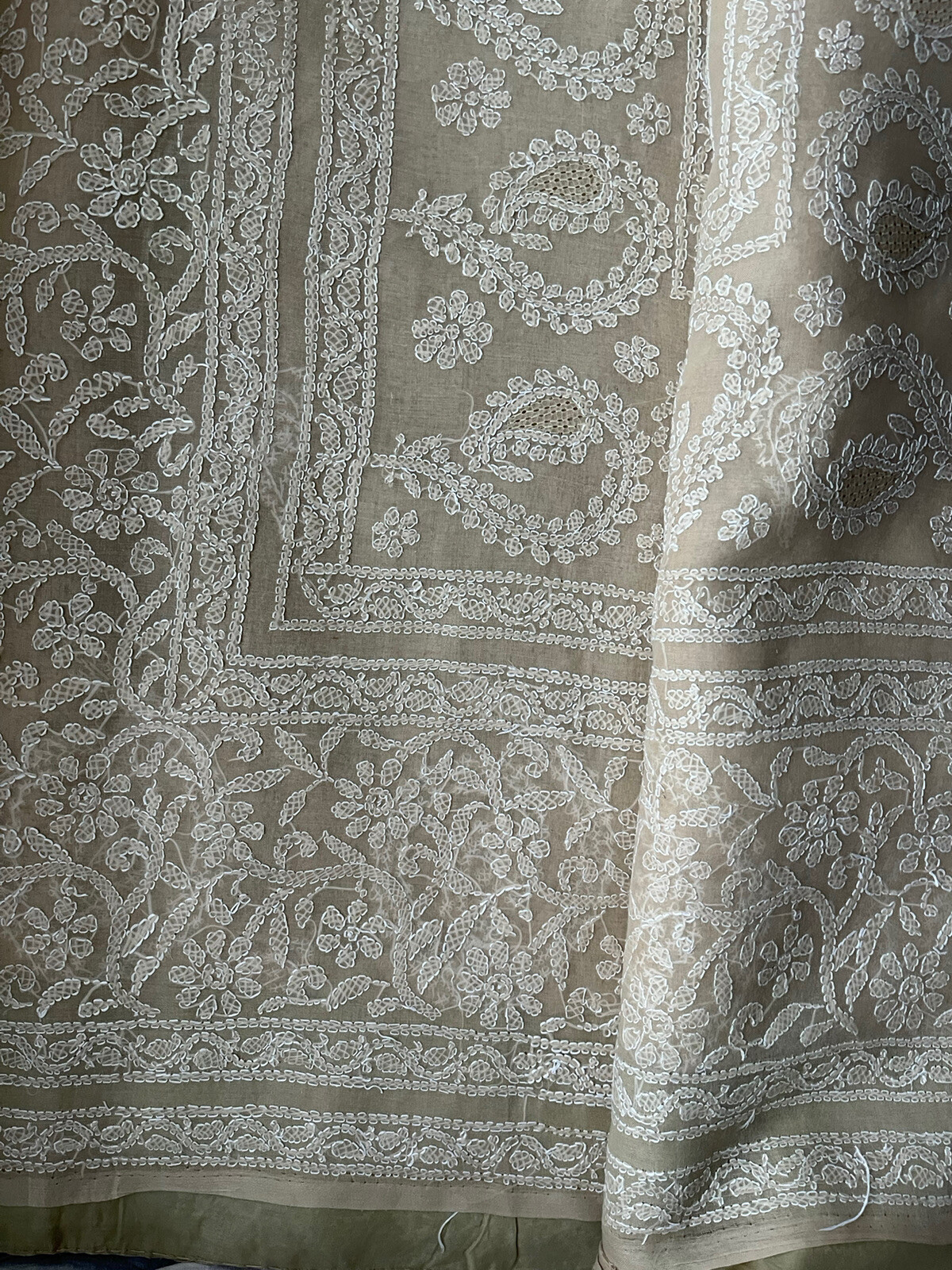 Stunning Cotton Hand Embroidery Lucknow Chikan Saree Sari Blouse Beige & White