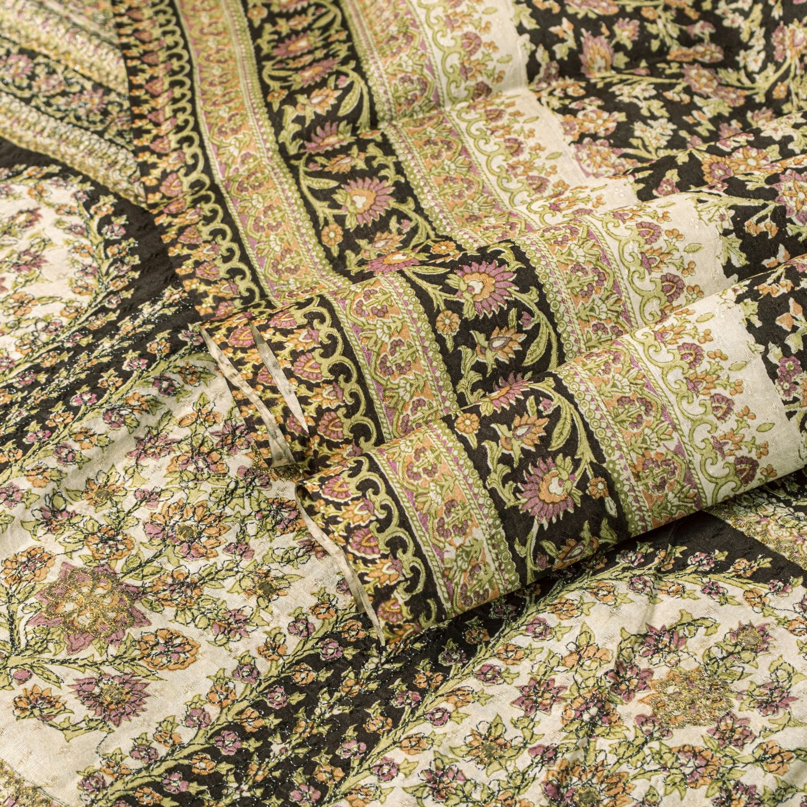 Sanskriti Vintage Brown Saree Pure Silk Kantha Embroidered Floral Print Sari 5Yd