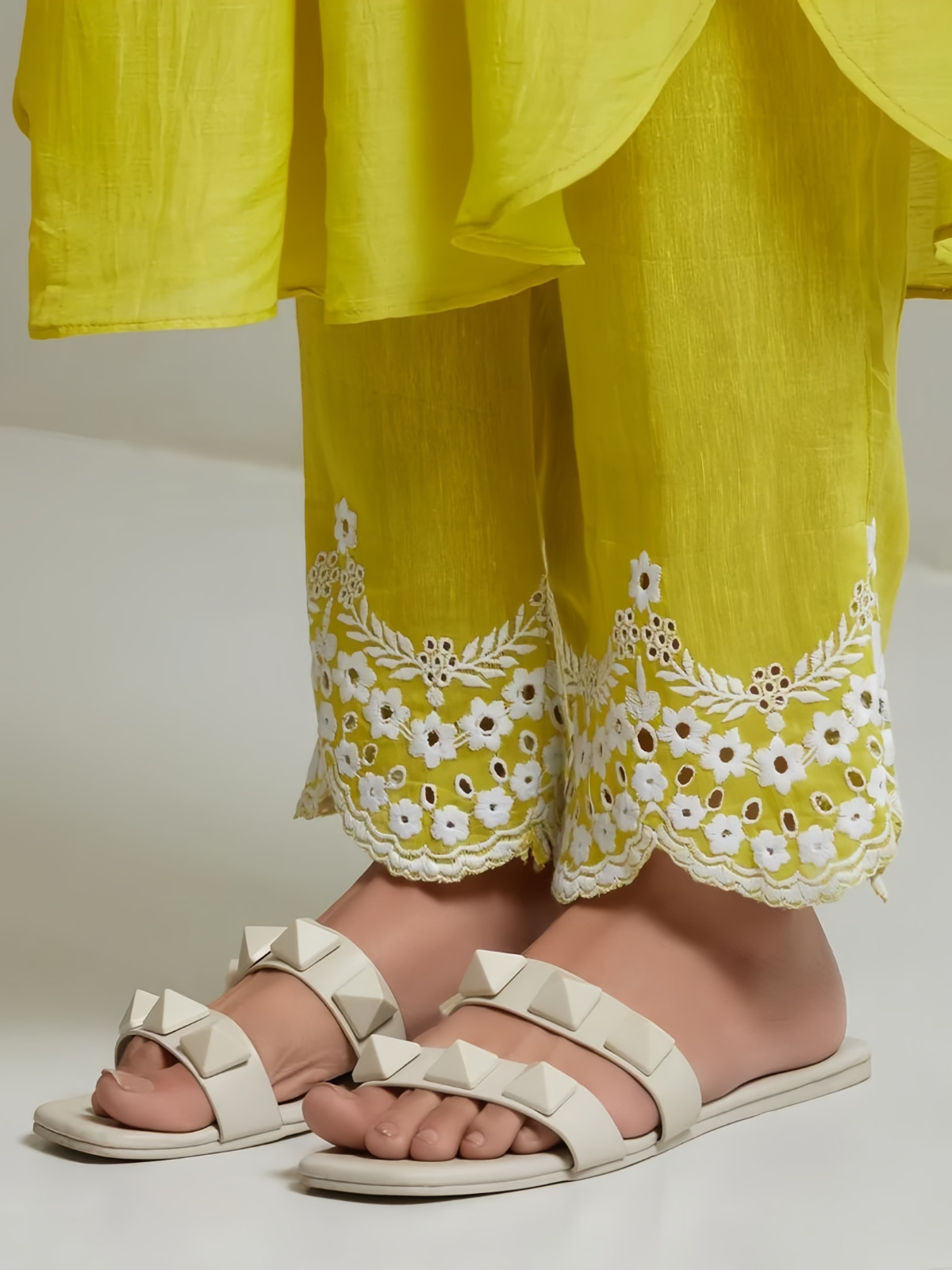 Lime Yellow Kurta with Embroidered Palazzo Pants 3/4 Sleeve Casual Wear Set