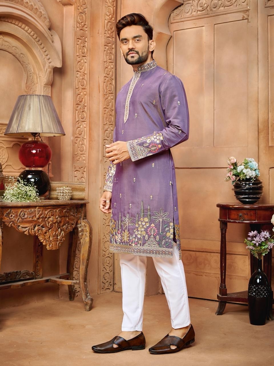 Men’s Silk Blend Kurta Gold Embroidered Mandarin Collar Festive Ethnic Wear