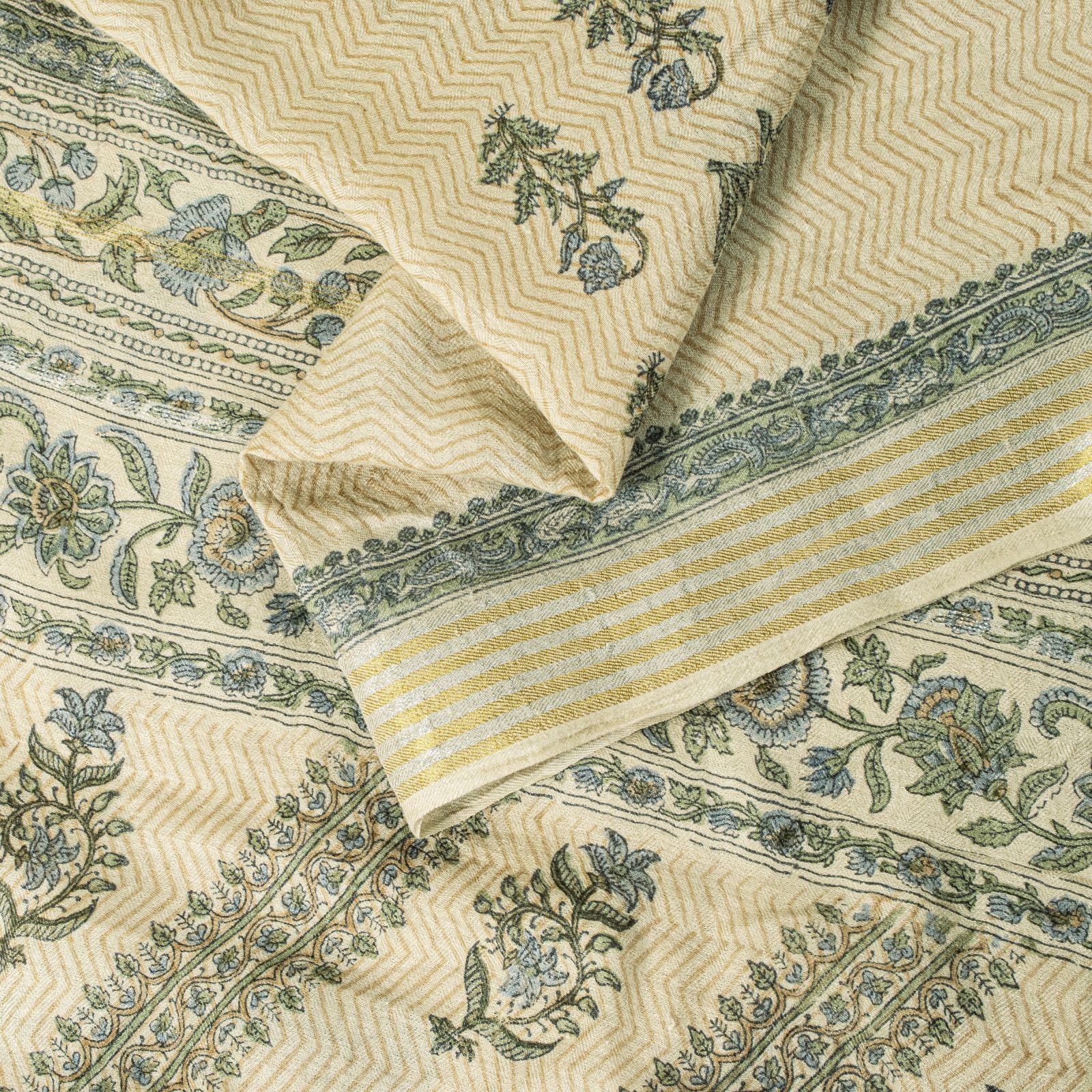 Sanskriti Vintage Cream Pure Woolen Saree Sanganeri Hand Block Print Sari 5.5+Yd