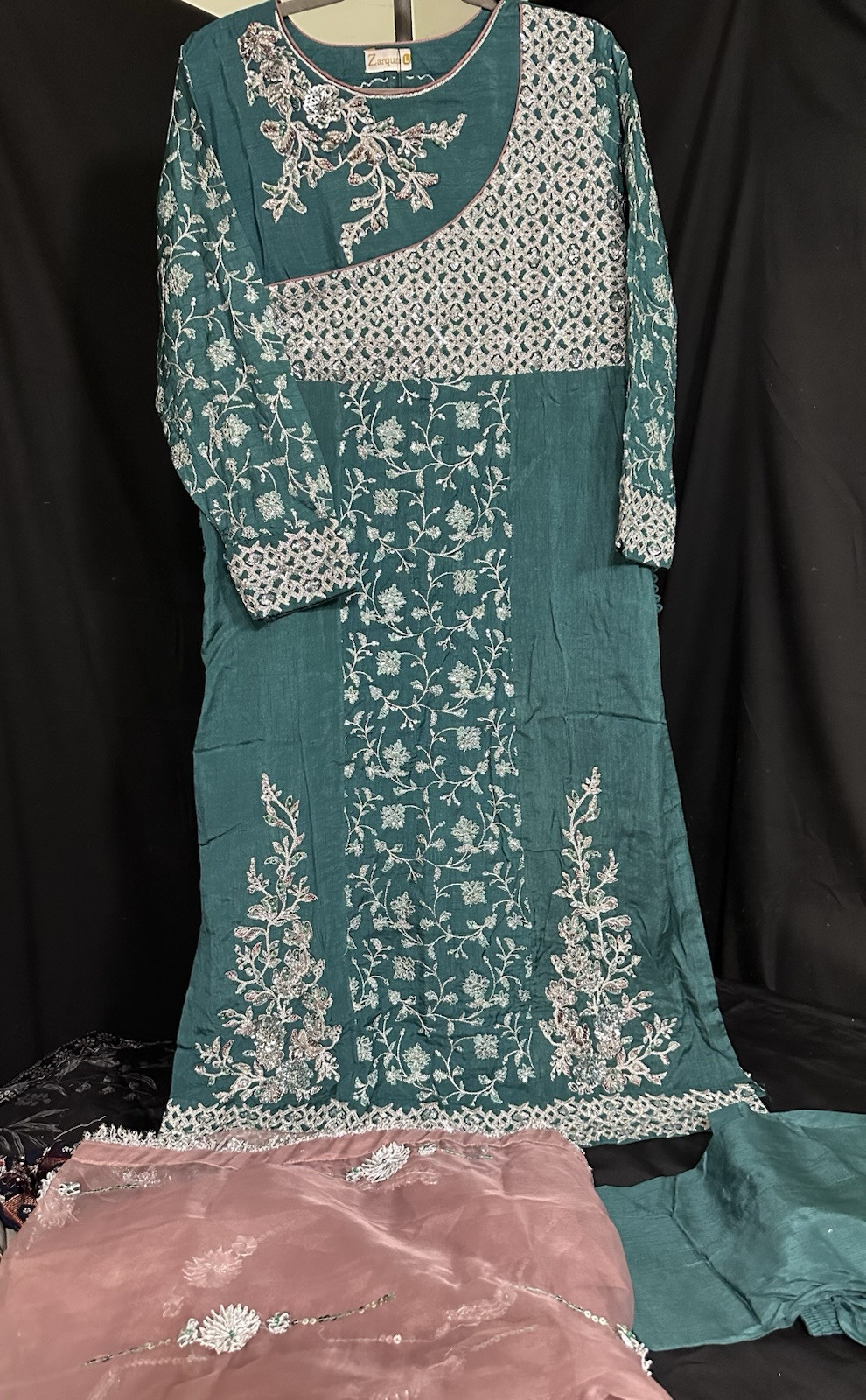 Premium Brand ZARQUN , Beautiful Raw Silk Emb Suit , Only Large Available – $95