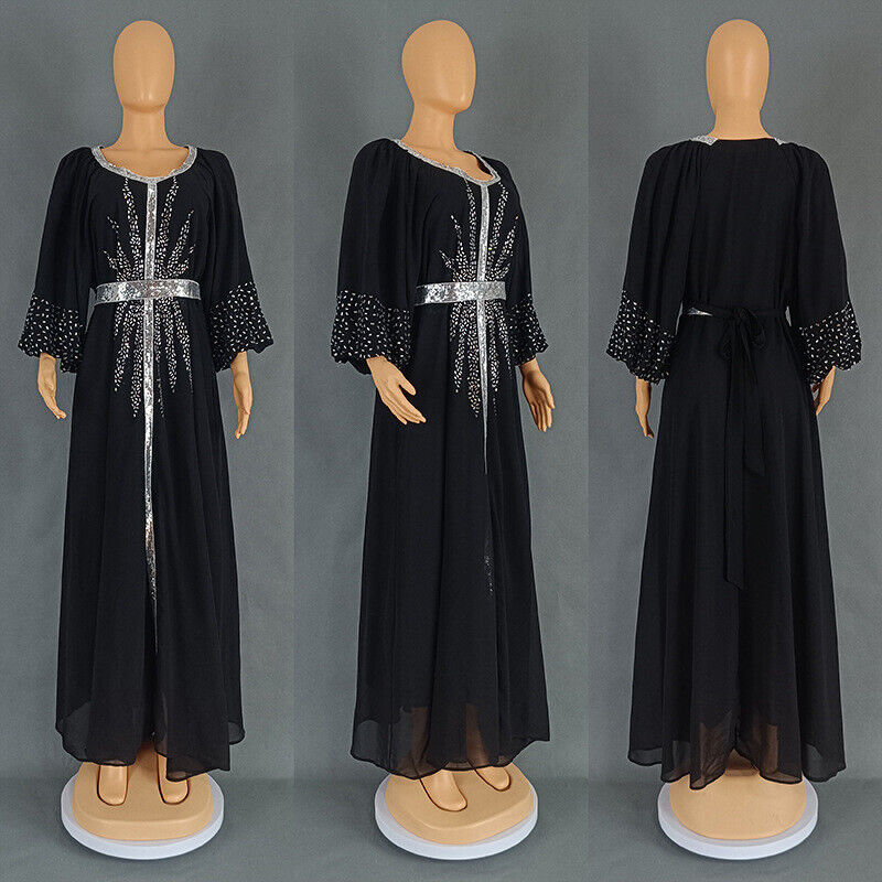 Women Fashion Dress Hot Drill Sequin Gown Chiffon with Belt Muslim Dubai Burqa