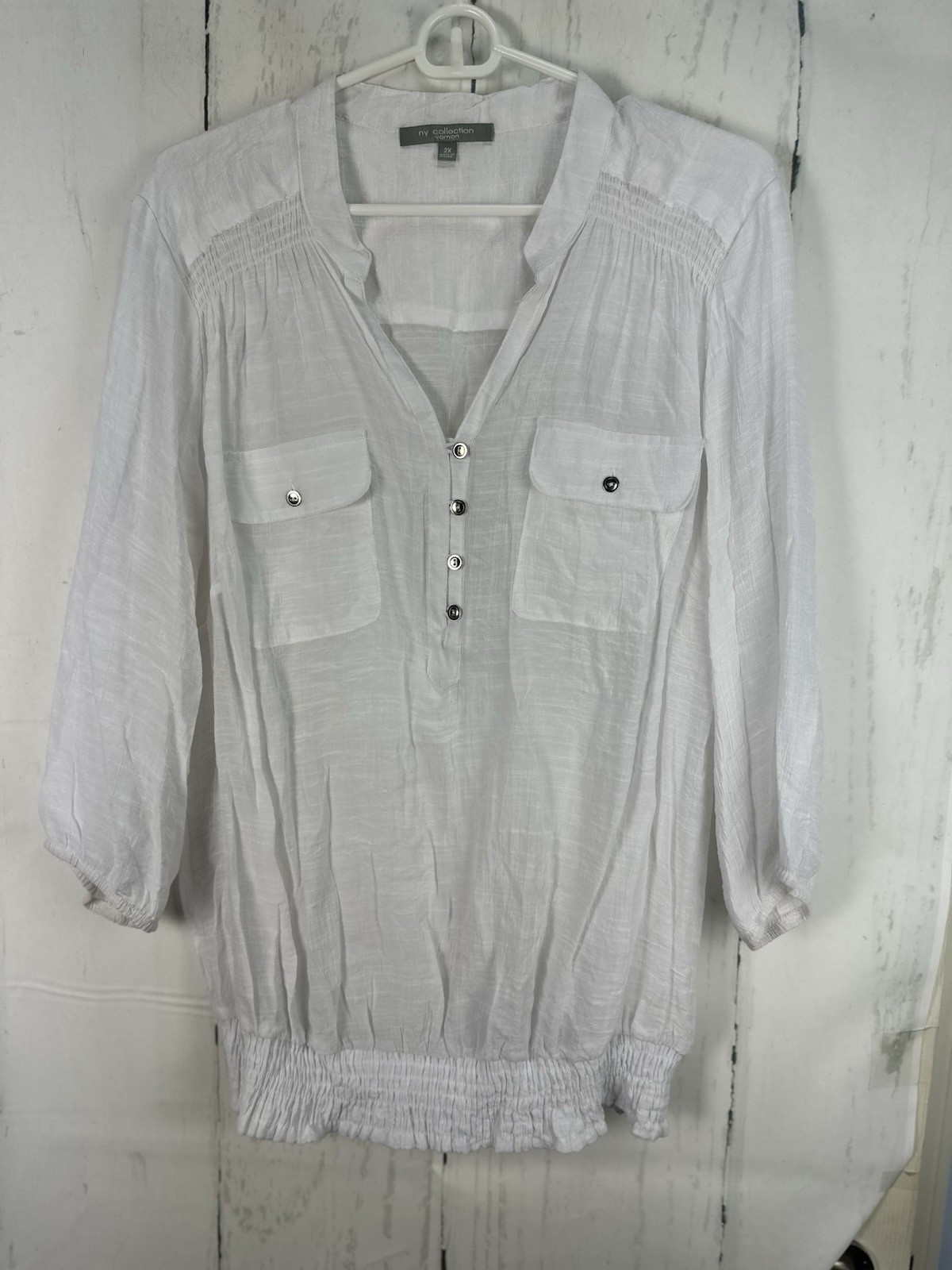 NY Collection 2X White 3/4 Sleeve Peasant ruched elastic waist V neck Tunic Top