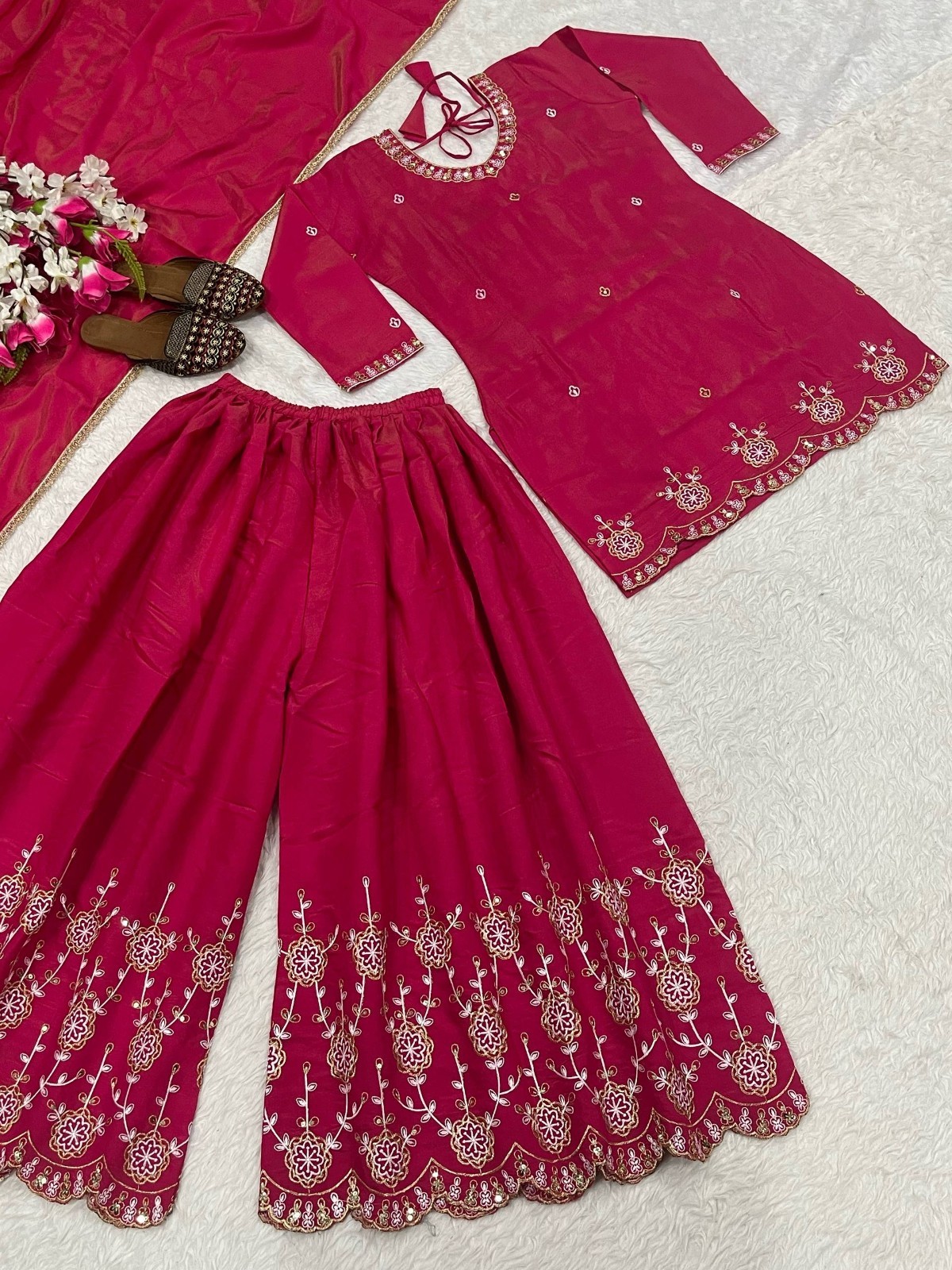 Fancy Designer Pink Simmar Silk Kurta Palazzo With Dupatta For Reception Wear