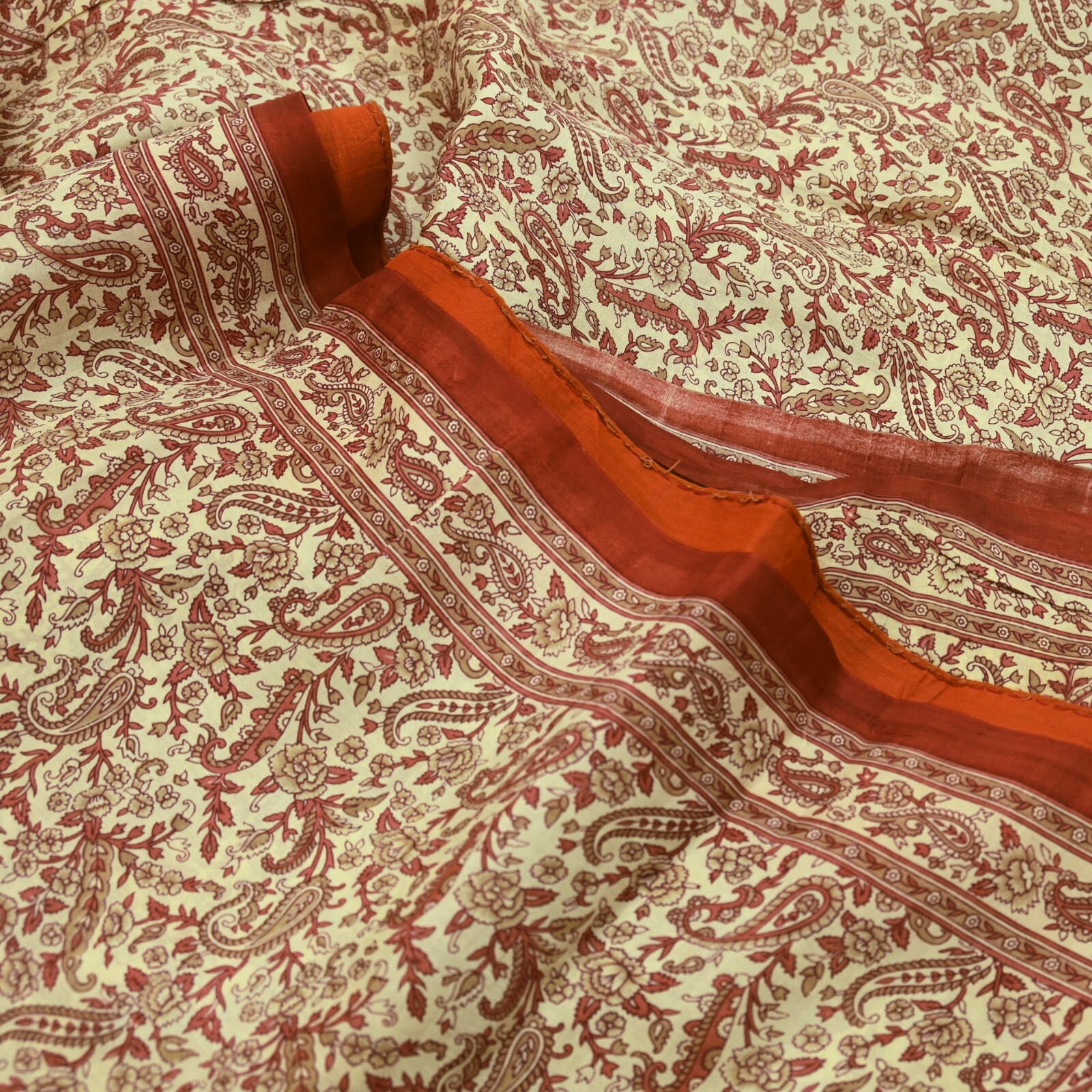 Indian Vintage Sari Brown & Ivory Pure Silk Printed Sarees Craft Fabric 6yd