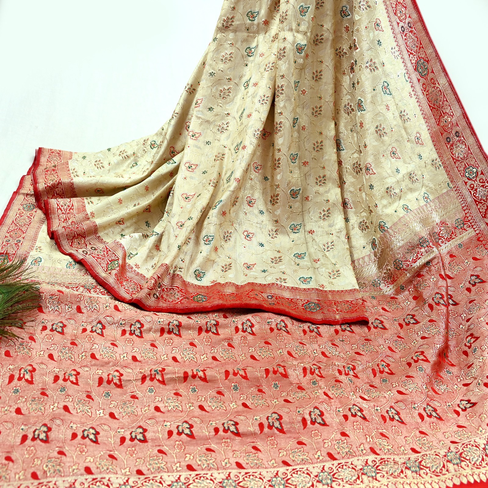 Indian Antique Vintage Heavy Sari Red & White Pure Satin Silk Hand Woven Saree