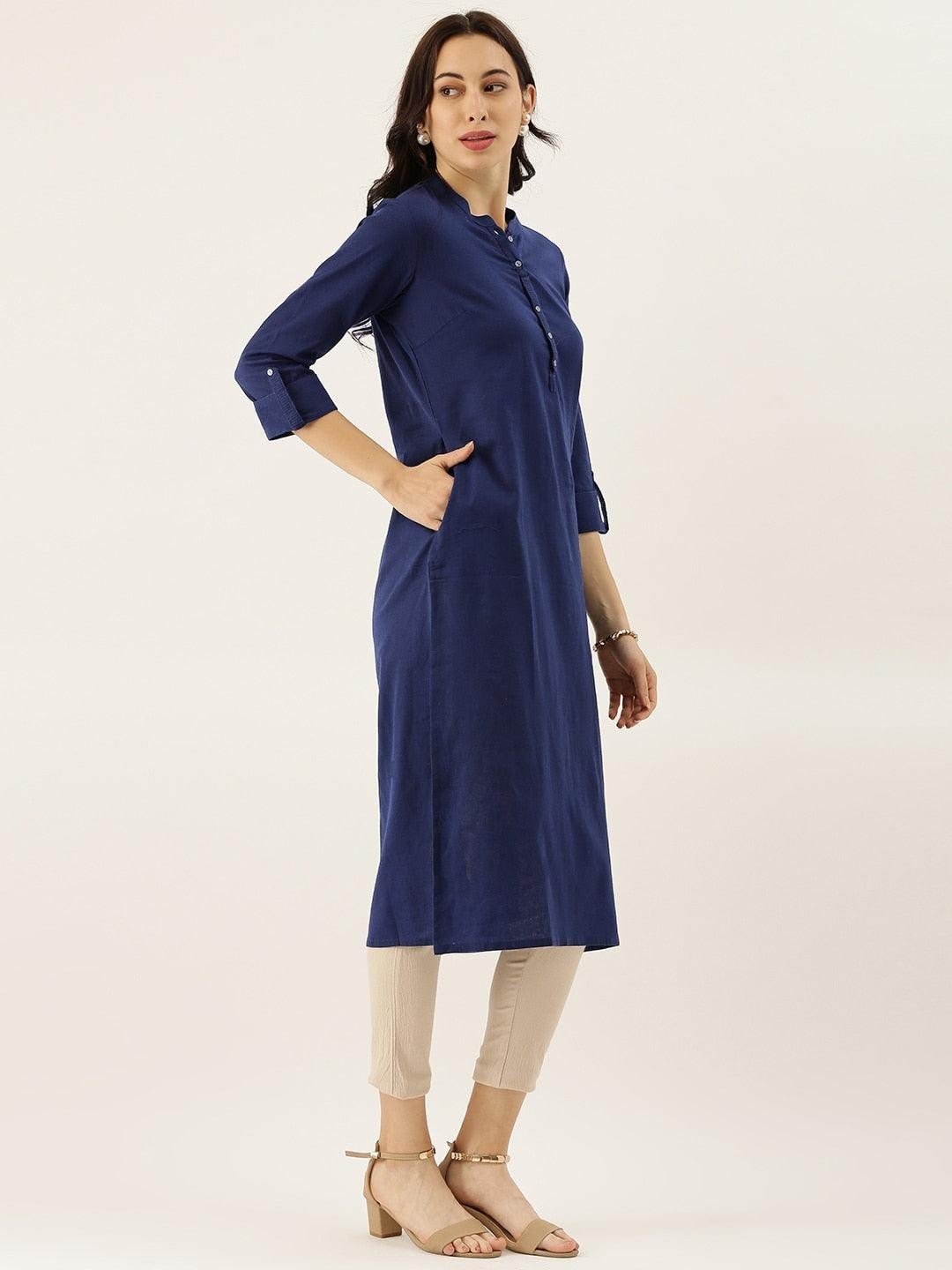 Blue Solid Straight Roll Up Sleeve Kurti for Women Casual Ethnic Wear Plus Size