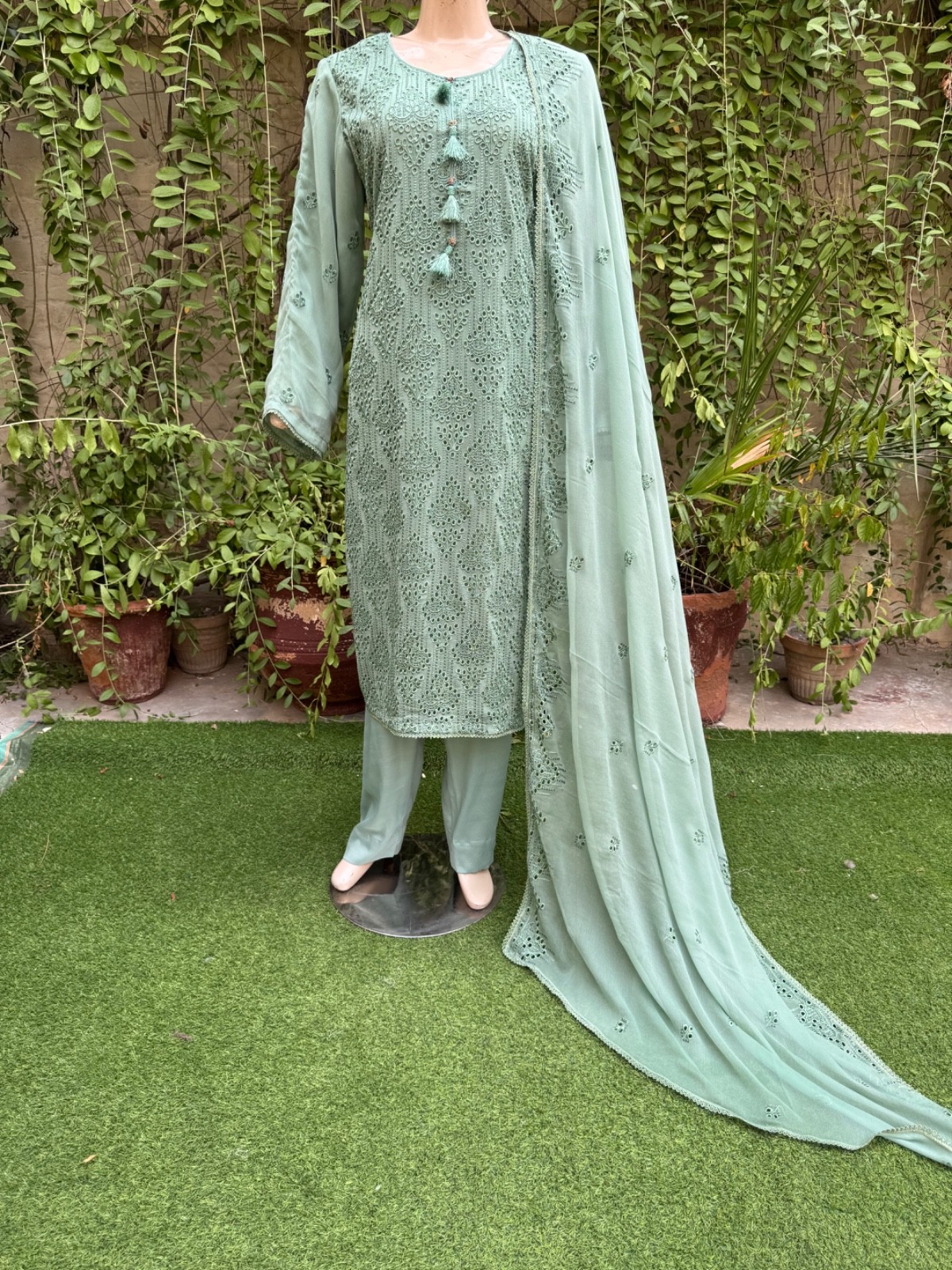 Pakistani Sage Green 3 Pcs Fancy Chiffon Dress with thread embroidery ,L