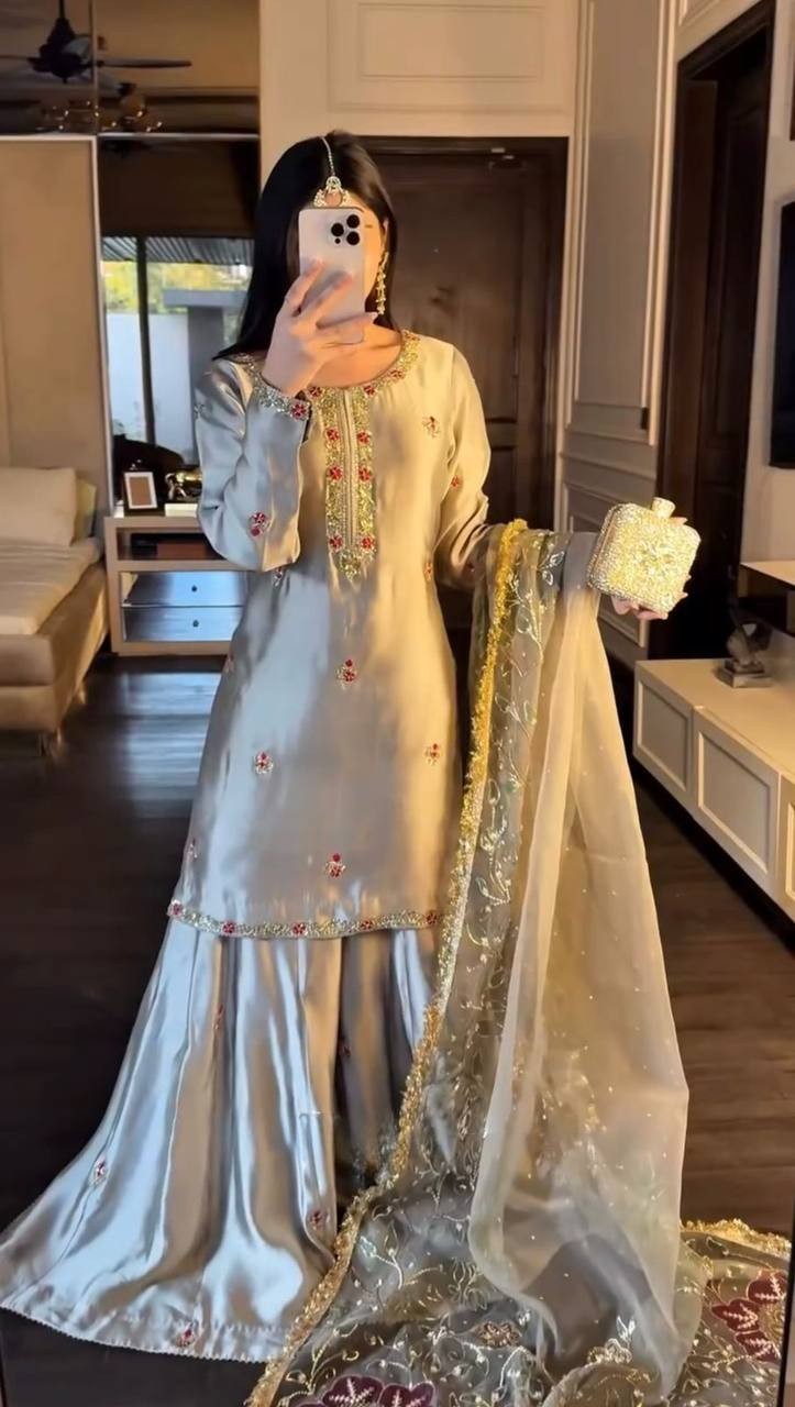 Beautiful Zapan Satin Silk Cream Palazzo Suit With Dupatta For Indian Party Wear