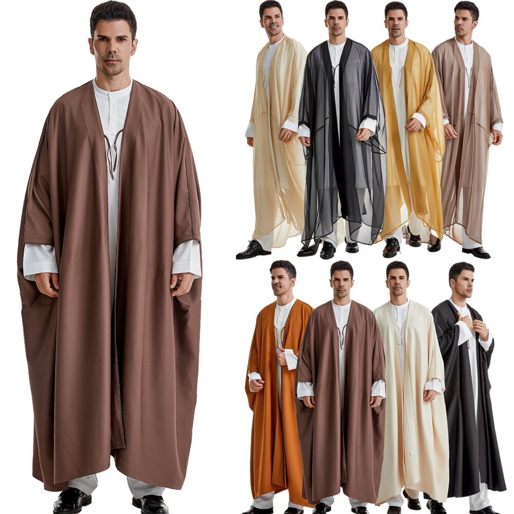 Saudi Arab Men Solid Color Open Kimono Batwing Robe Muslim Abaya Ramadan Prayer