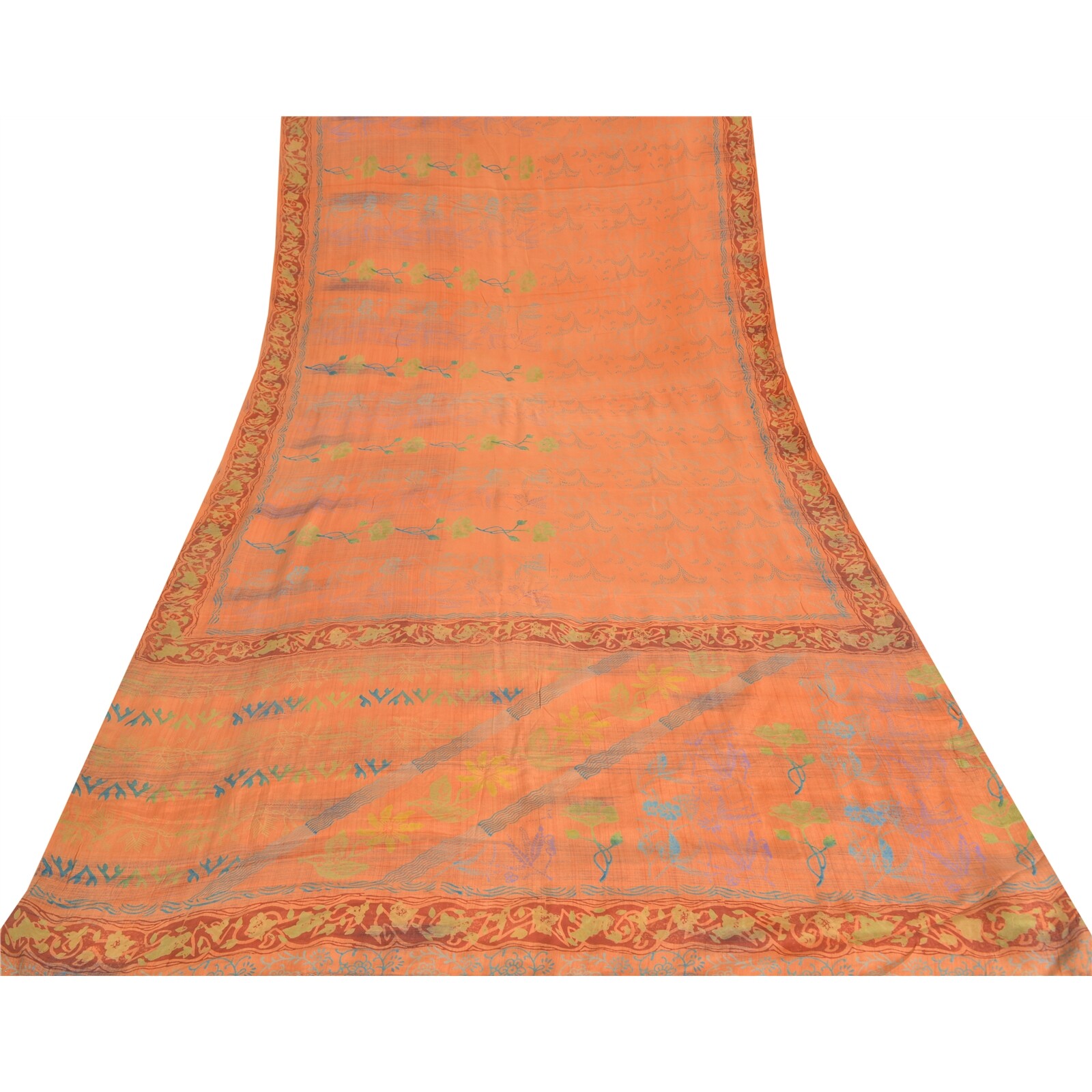 Sanskriti Vintage Printed 100% Pure Crepe Silk Sarees Peach Sari Craft Fabric