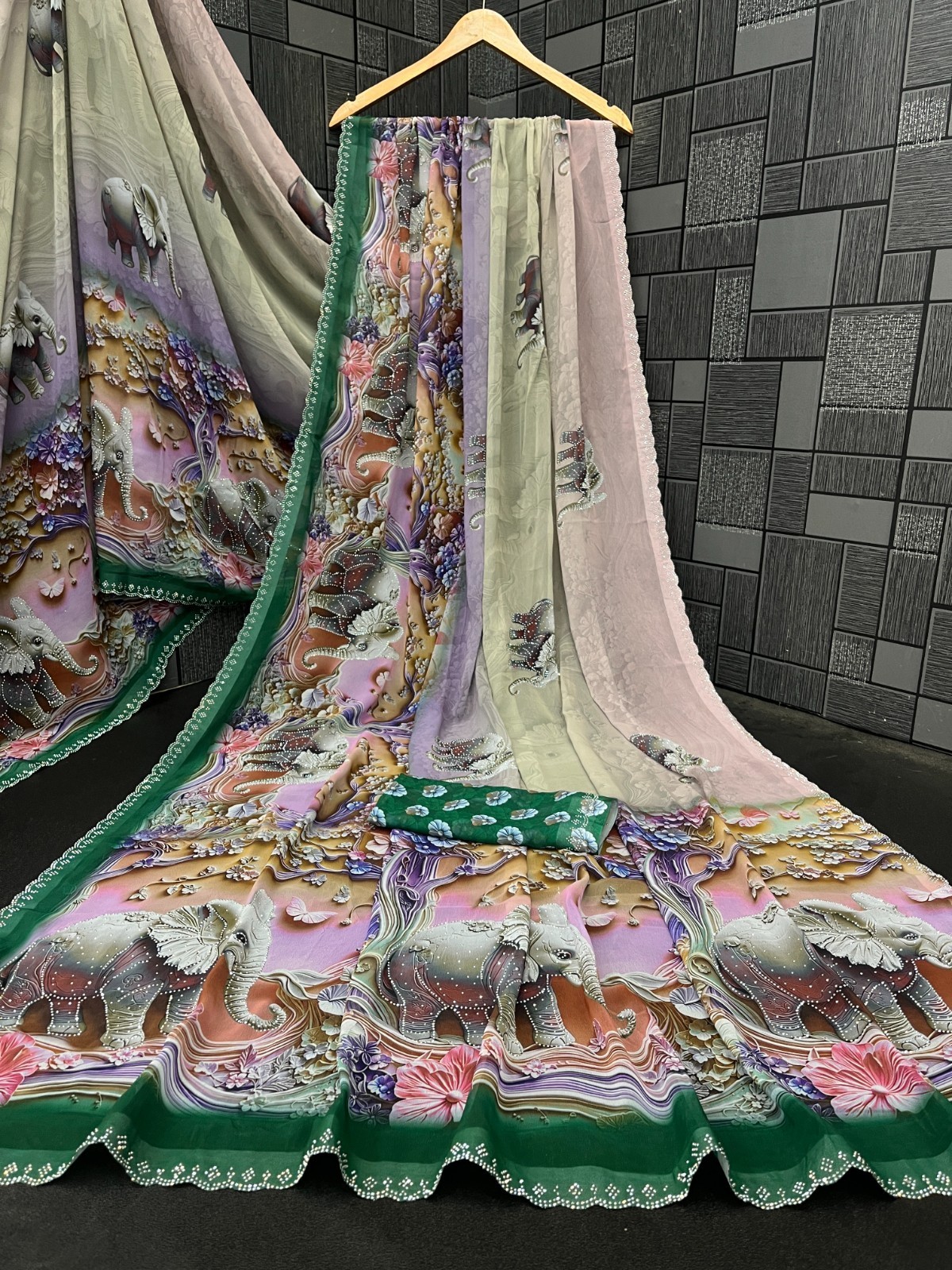 Women’s Green Weightless 3D Digital Elephant Print Swarovski Work Party Wear Sar