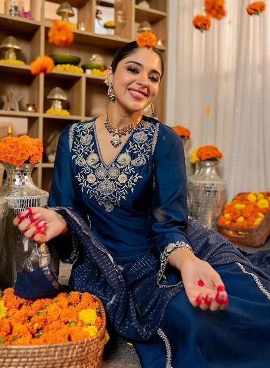 Women Blue Plus Size Embroidered Indian Silk New Kurta Top Trousers & Dupatta