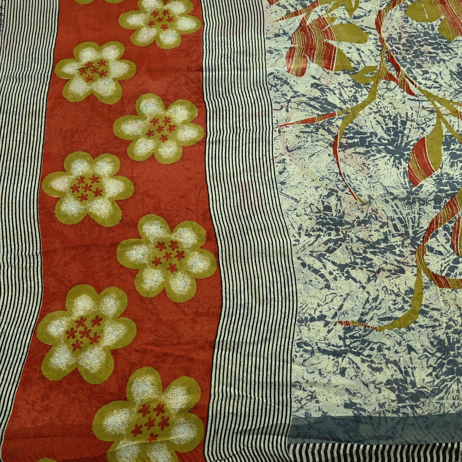 Vintage Sari Ivory & Gray Pure Georgette Silk Printed Sarees Sewing 5yard Fabric