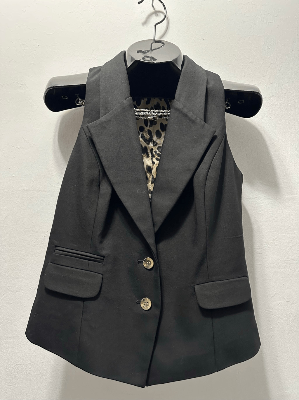 Cache Womens Large Black Tailored Vest Gold Button Leopard Lining Y2K Career Chi