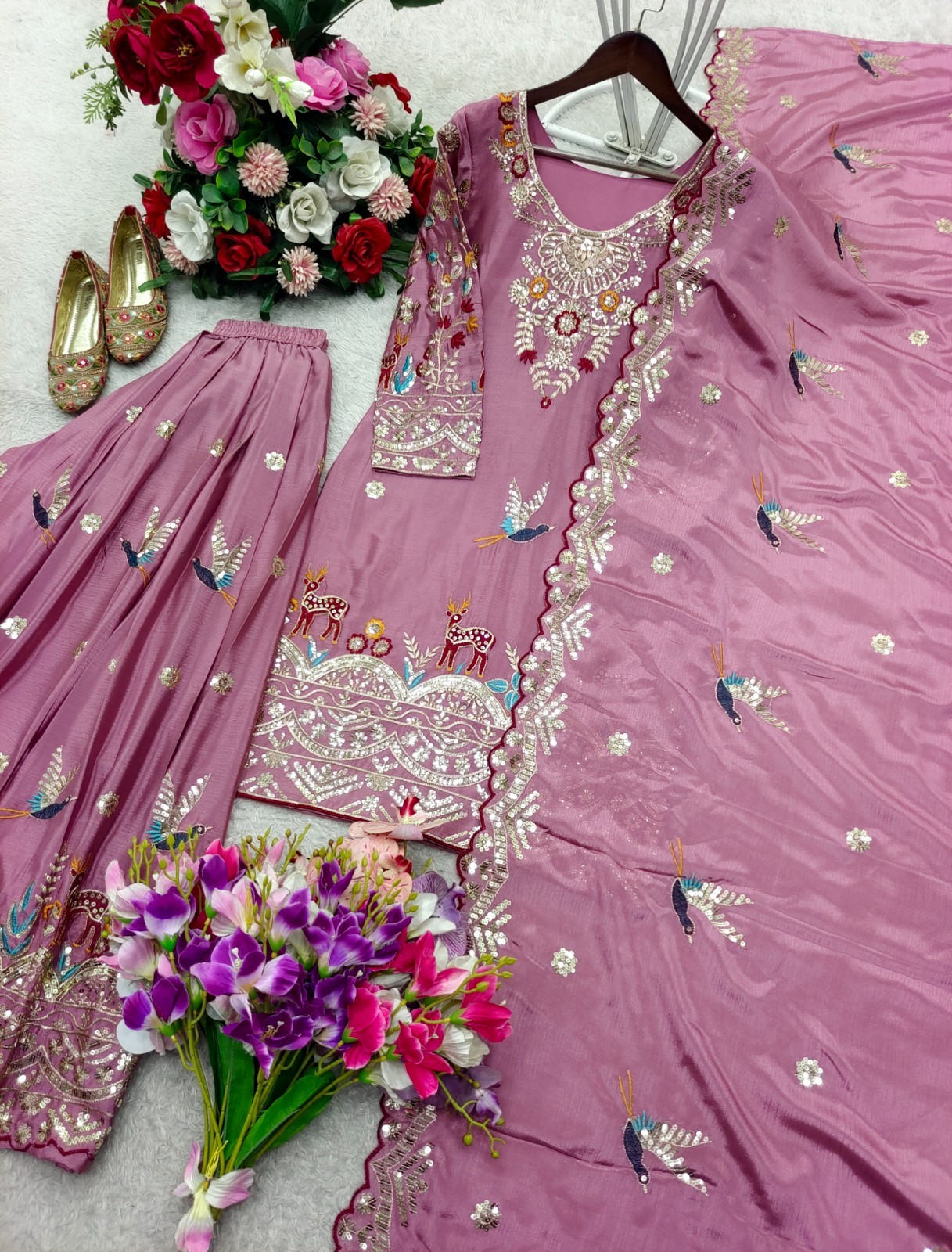 Beautiful Chinon Silk Pink Top Palazzo With Dupatta For Indian Wedding Wear