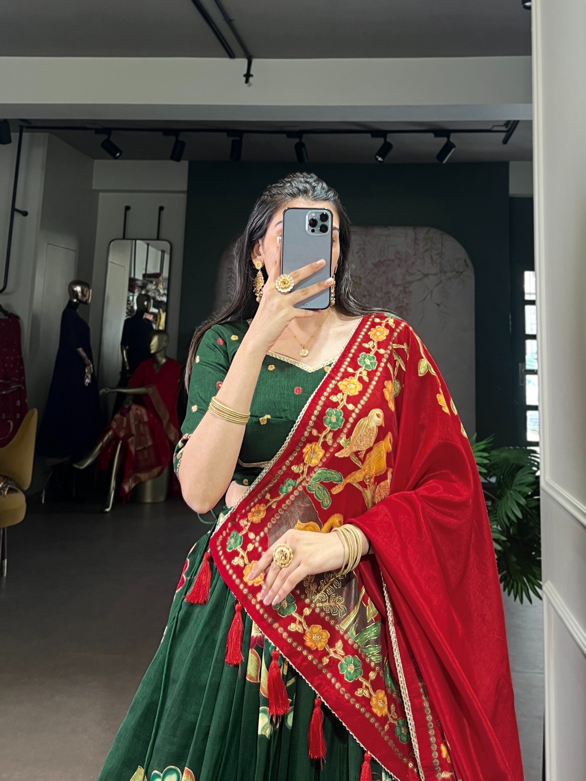 Indian Traditional Tasar Silk Lehenga Choli Foil Print Cultural Outfit For Women